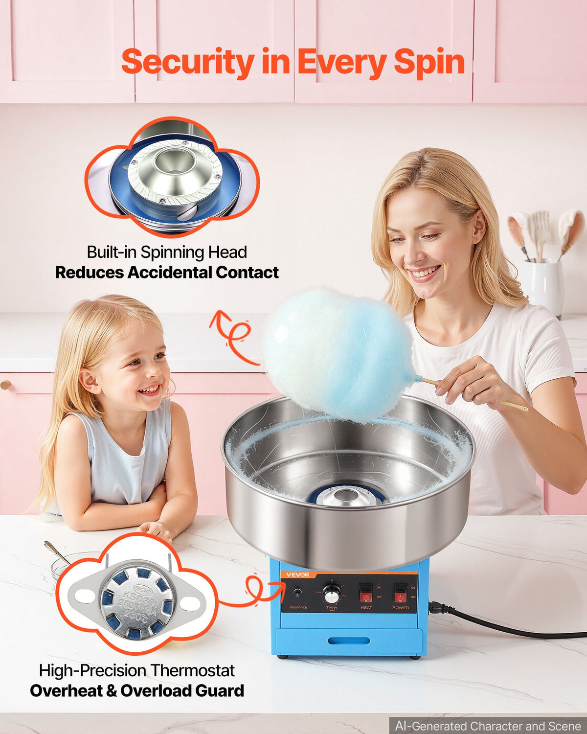 VEVOR Cotton Candy Machine Commercial 1000W Electric Candy Floss Maker Blue, Ideal for Home, Carnival, Birthday, Family Party, Easy Use with 52 cm Stainless Steel Bowl, Storage Drawer, Sugar Scoop
