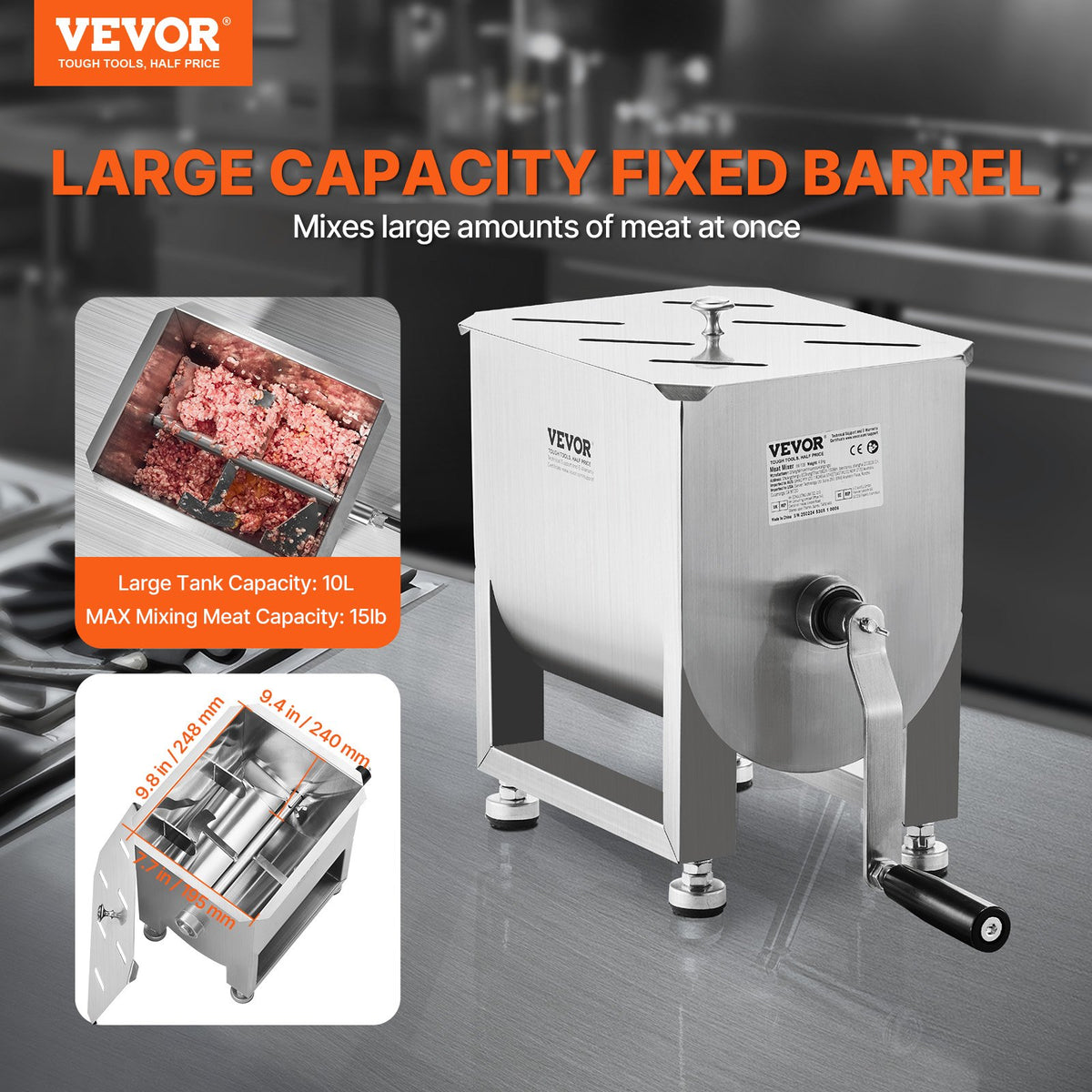 VEVOR Manual Meat Mixer, 15L Fixed Tank Meat Processing Equipment(Mixing Maximum 15LBS for Meat), Stainless Steel Meat Mixer, Sausage Mixer Machine with Lid and Handle, Ground Beef Hand Mixer