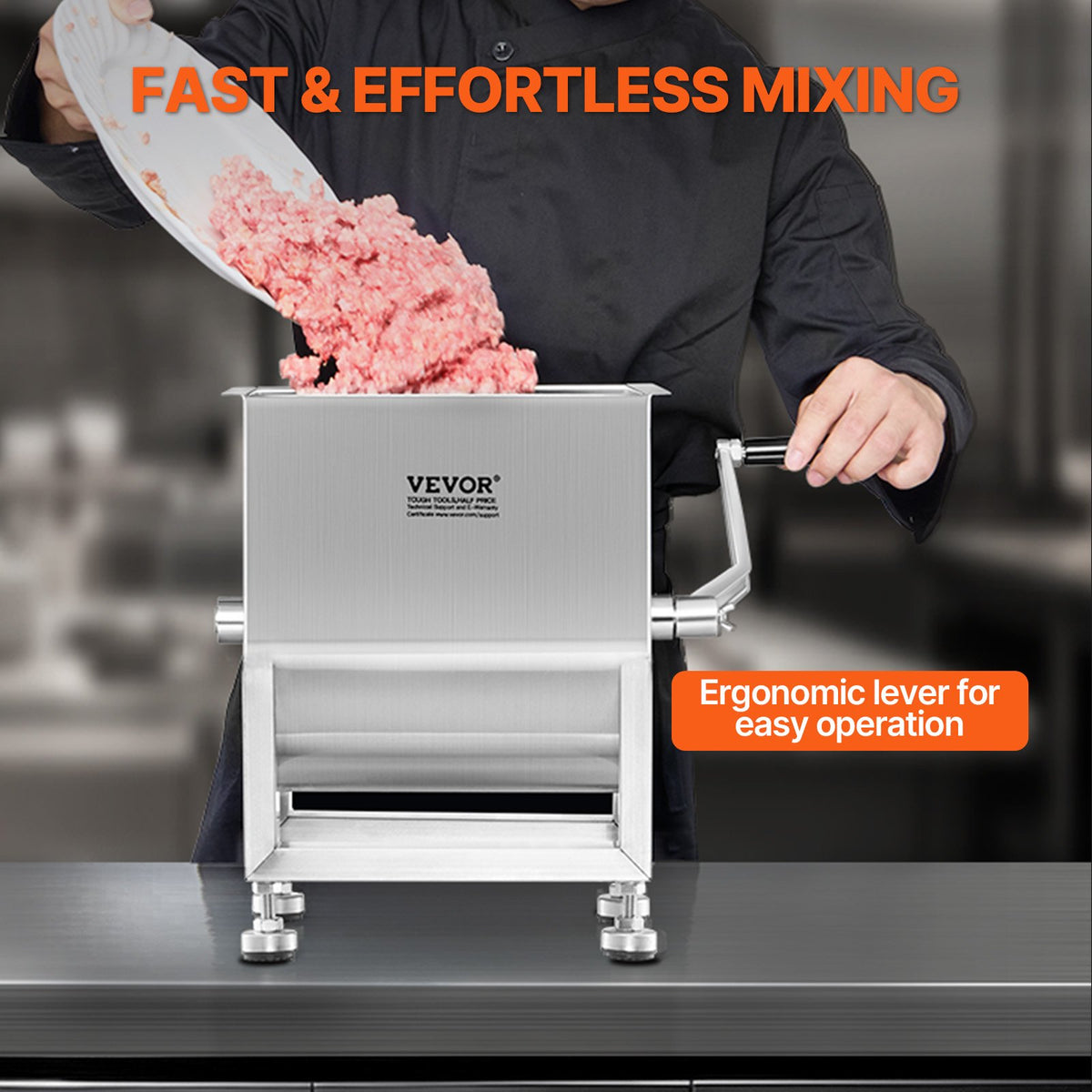 VEVOR Manual Meat Mixer, 15L Fixed Tank Meat Processing Equipment(Mixing Maximum 15LBS for Meat), Stainless Steel Meat Mixer, Sausage Mixer Machine with Lid and Handle, Ground Beef Hand Mixer