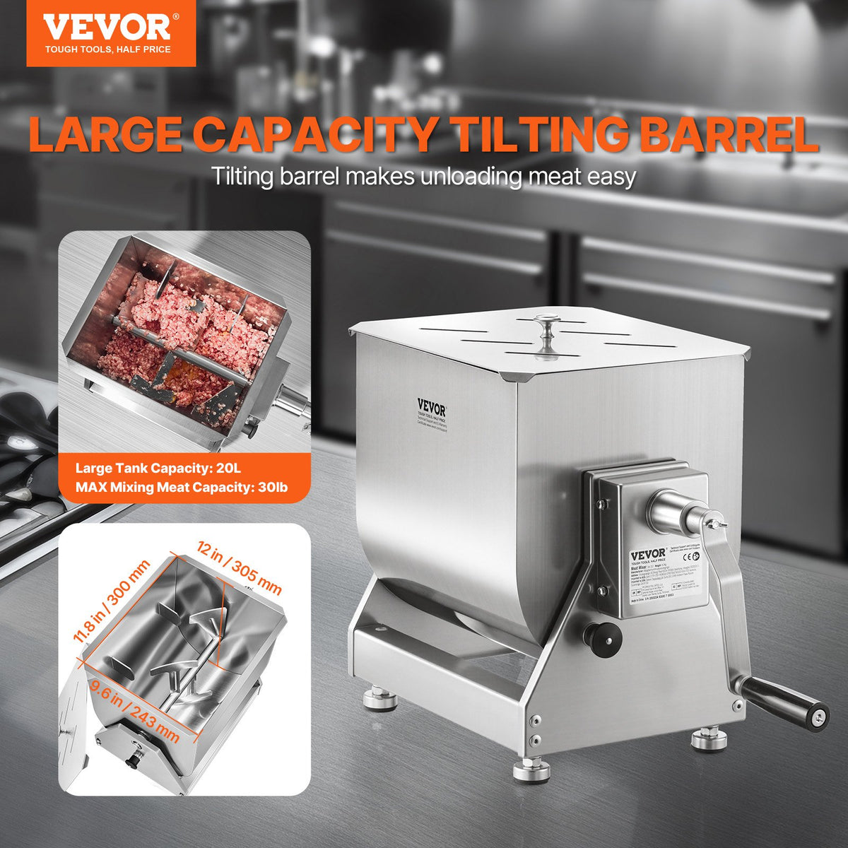 VEVOR Manual Meat Mixer, 20L Tilt Tank Meat Processing Equipment(Mixing Max for Meat), Stainless Steel Meat Mixer, Sausage Mixer Machine with Lid Handle Gear Reducer, Ground Beef Hand Mixer