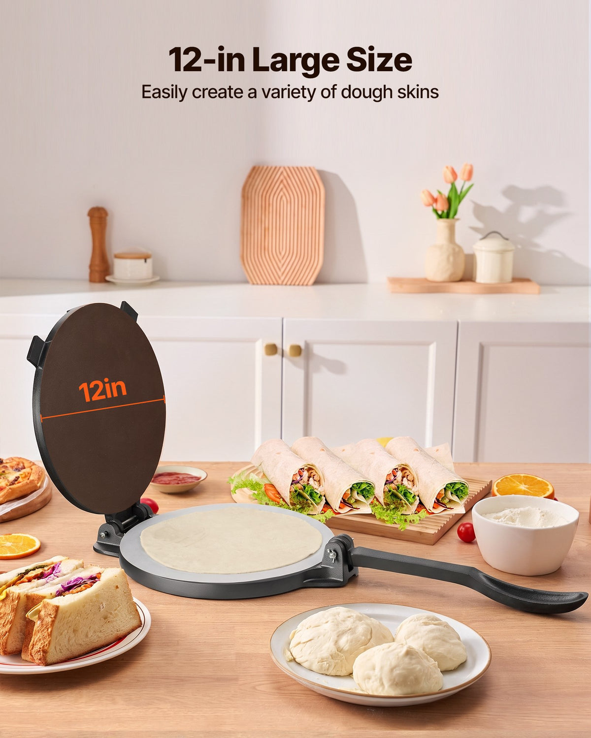 VEVOR Tortilla Press 30cm Cast Iron Roti Maker and Tortilladora Heavy Duty, Ideal for Homemade Flatbreads Kitchen, Restaurant, Bakery, Quesadilla Pataconera Press, with Handle, 50 Pcs Parchment Paper