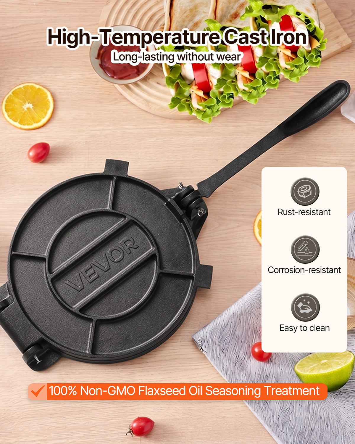 VEVOR Tortilla Press 30cm Cast Iron Roti Maker and Tortilladora Heavy Duty, Ideal for Homemade Flatbreads Kitchen, Restaurant, Bakery, Quesadilla Pataconera Press, with Handle, 50 Pcs Parchment Paper