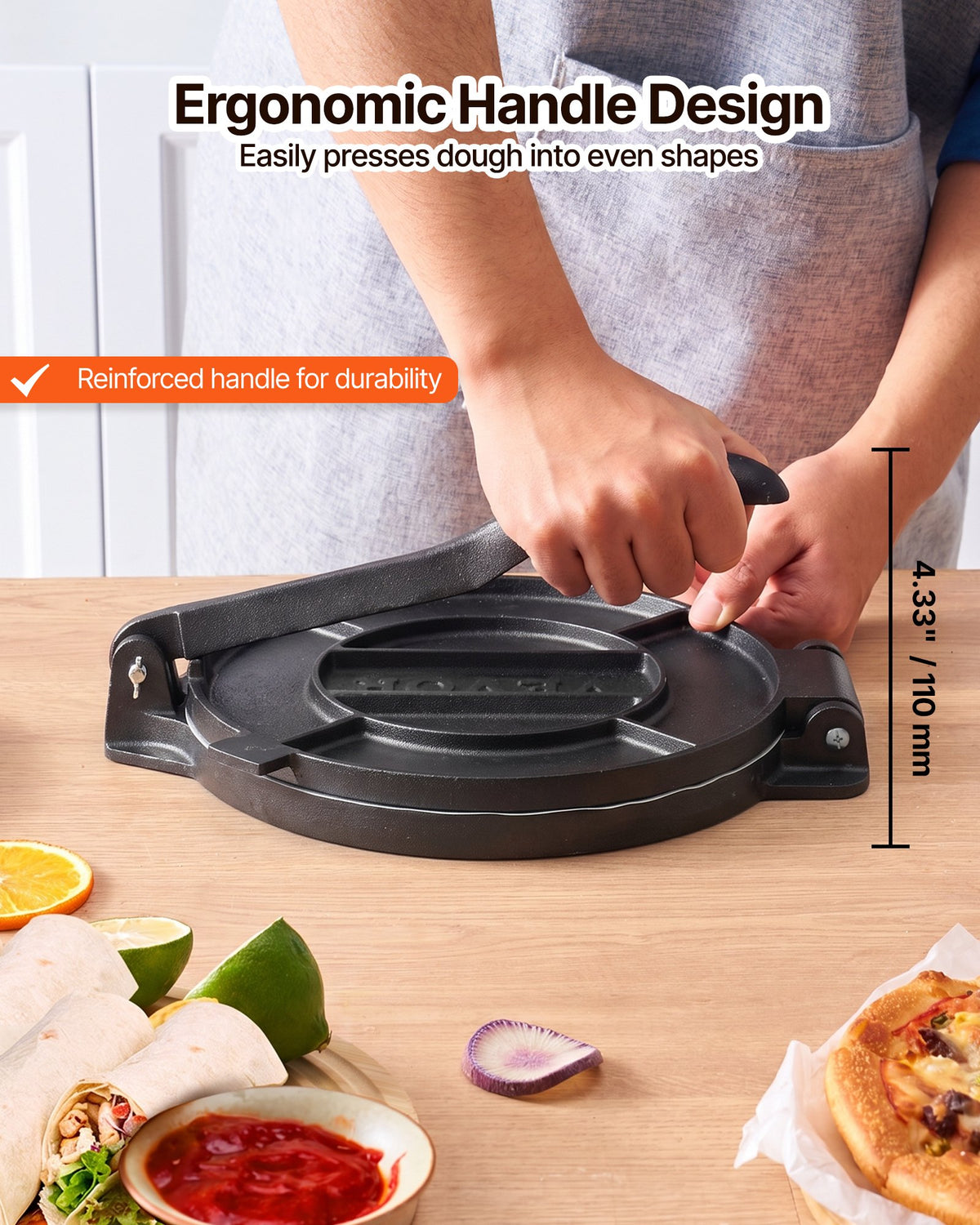 VEVOR Tortilla Press 30cm Cast Iron Roti Maker and Tortilladora Heavy Duty, Ideal for Homemade Flatbreads Kitchen, Restaurant, Bakery, Quesadilla Pataconera Press, with Handle, 50 Pcs Parchment Paper