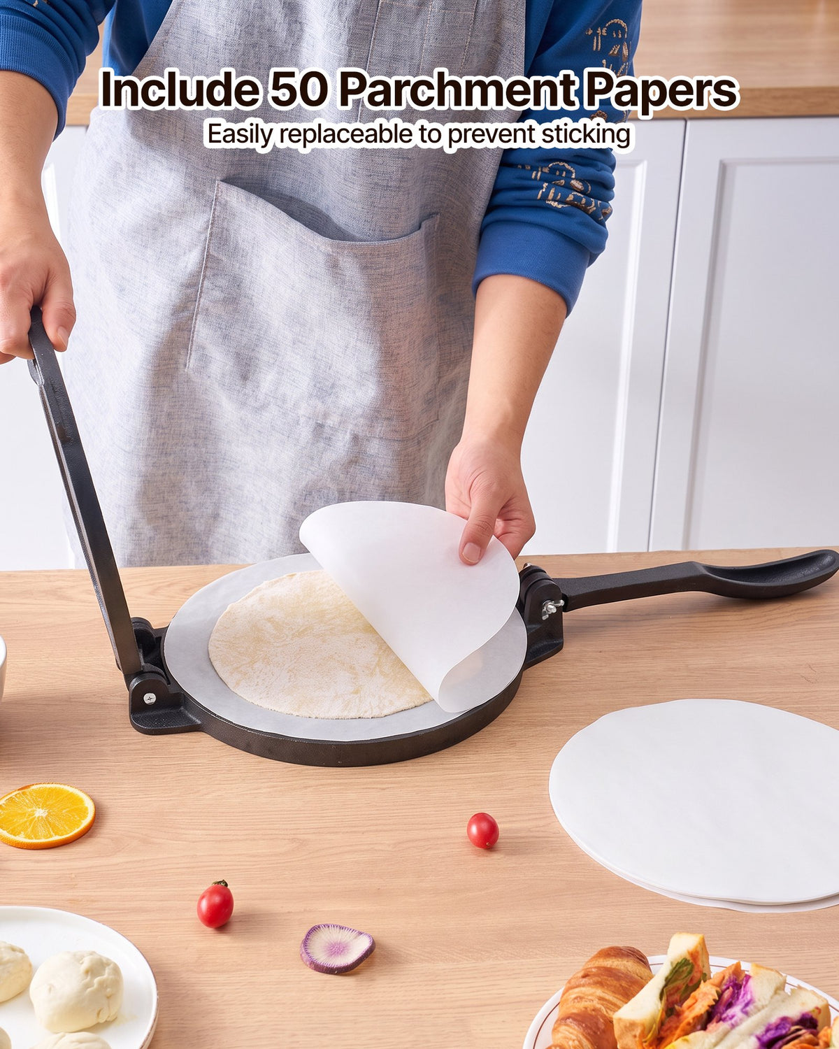 VEVOR Tortilla Press 30cm Cast Iron Roti Maker and Tortilladora Heavy Duty, Ideal for Homemade Flatbreads Kitchen, Restaurant, Bakery, Quesadilla Pataconera Press, with Handle, 50 Pcs Parchment Paper