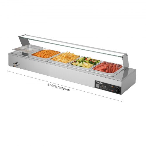 VEVOR Commercial Food Warmer, 1500W Electric Stainless Steel Steam Food Warmer with Glass Cover, Countertop Buffet Bain Marie with Five 1/2 Size Food Pans, for Catering, Restaurant, Party & Buffets