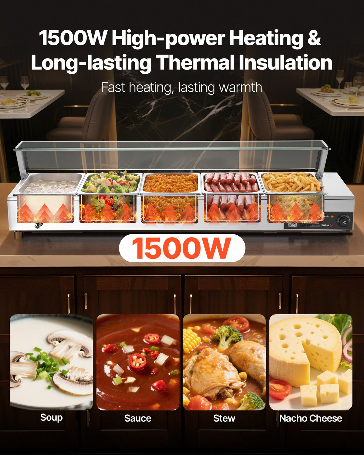 VEVOR Commercial Food Warmer, 1500W Electric Stainless Steel Steam Food Warmer with Glass Cover, Countertop Buffet Bain Marie with Five 1/2 Size Food Pans, for Catering, Restaurant, Party & Buffets