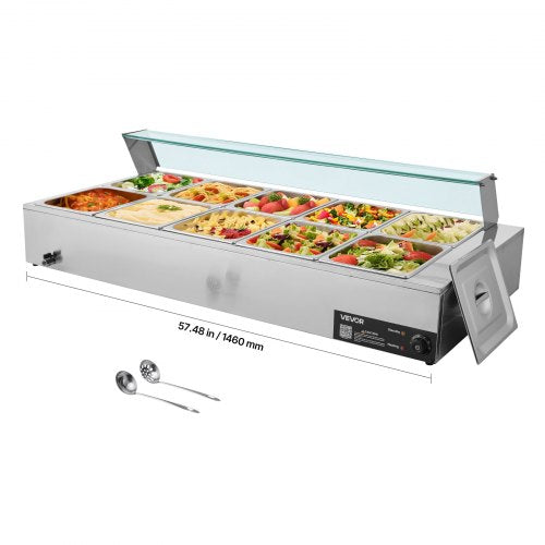 VEVOR Commercial Food Warmer, 1700W Electric Stainless Steel Steam Food Warmer with Glass Cover, 10-Pan Countertop Buffet Bain Marie with Soup & Perforated Ladles, for Catering, Restaurant & Party