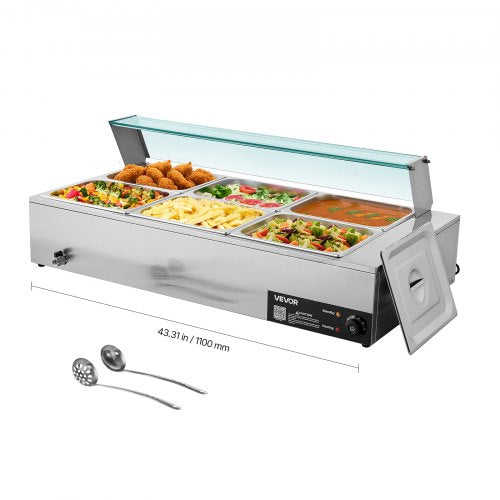 VEVOR Commercial Food Warmer, 1500W Electric Stainless Steel Steam Food Warmer with Glass Cover, 6 x 1/2 Size Pans Buffet Bain Marie with Soup & Perforated Ladles, for Catering, Restaurant & Party