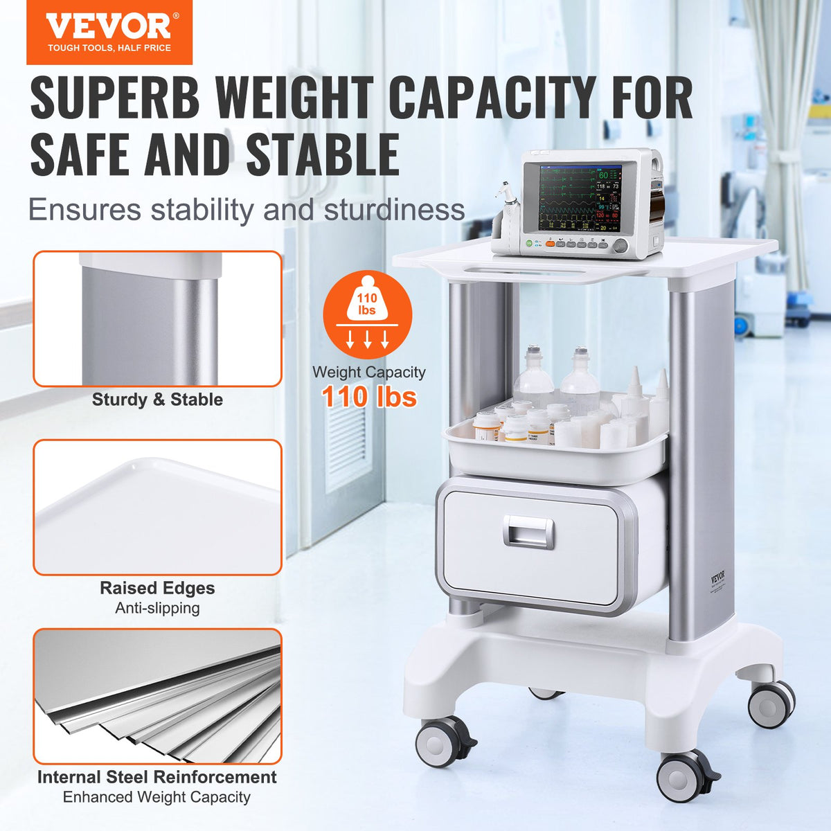 VEVOR 2 Tiers Lab Carts, Lab Utility Cart with 1 Drawer & 1 Top Tray, Mobile Medical Cart with ABS Material, Lab Rolling Cart with 4 Silent Wheels for Lab, Clinic, Hospital, Salon, White