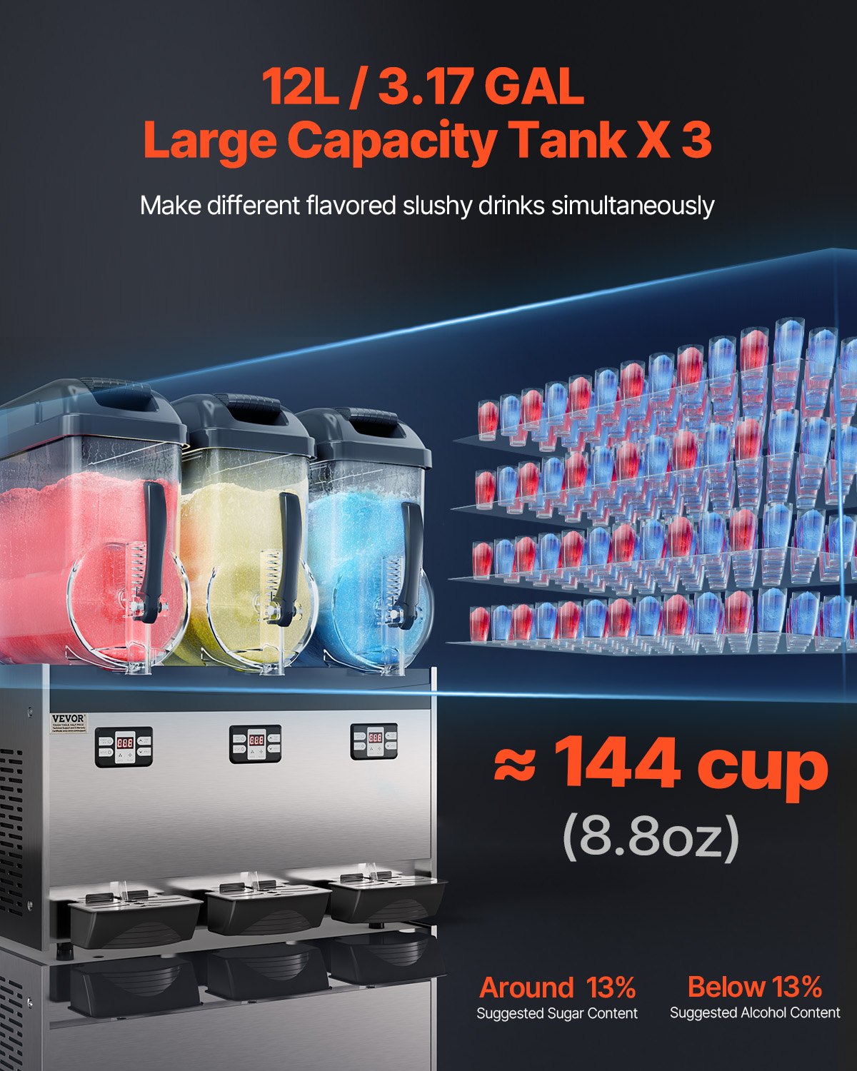 VEVOR Commercial Slushy Machine, 12Lx3 Triple Tank Frozen Drink Machine, 144 Cups Stainless Steel Margarita Smoothie Frozen Drink Maker, Slushie Maker for Home Party Restaurants Cafe Bars