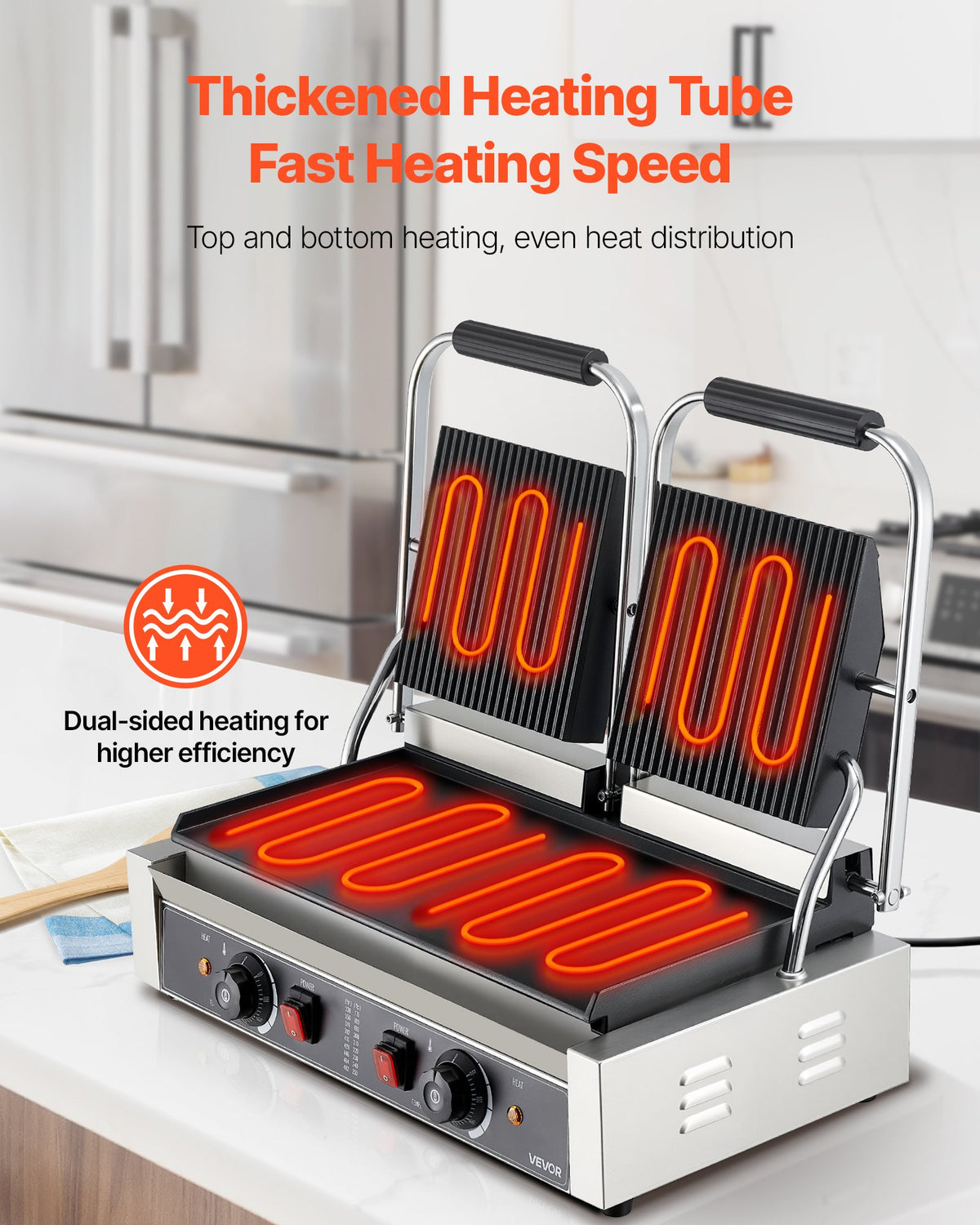 VEVOR Commercial Panini Grill, 3600W Electric Sandwich Panini Maker, Stainless Steel Double Sandwich Press Grill, Panini Grill with Temp Control, 48x23cm Flat Enamel Plate for Hamburger Steak Bacon