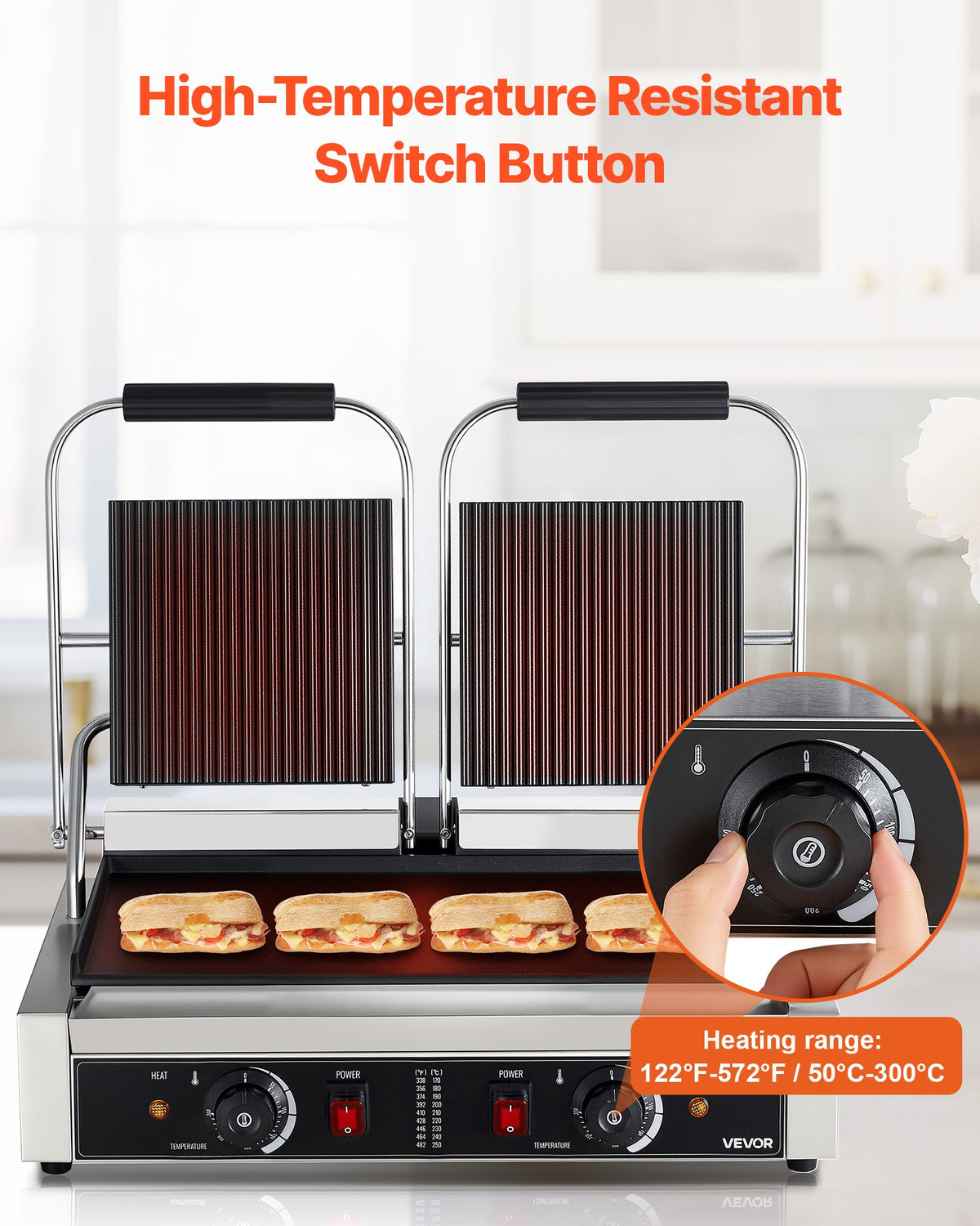 VEVOR Commercial Panini Grill, 3600W Electric Sandwich Panini Maker, Stainless Steel Double Sandwich Press Grill, Panini Grill with Temp Control, 48x23cm Flat Enamel Plate for Hamburger Steak Bacon