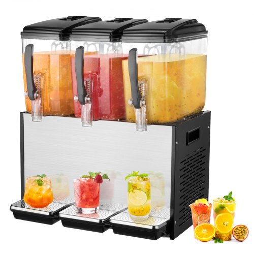 VEVOR Commercial Beverage Dispenser, 3 Tanks 12 L Per Tank Juice Dispenser, 370W Stainless Steel Ice Tea Drink Machine with 45°F-54°F Cooling Temperature, for Cold Drink Restaurant Bar Party