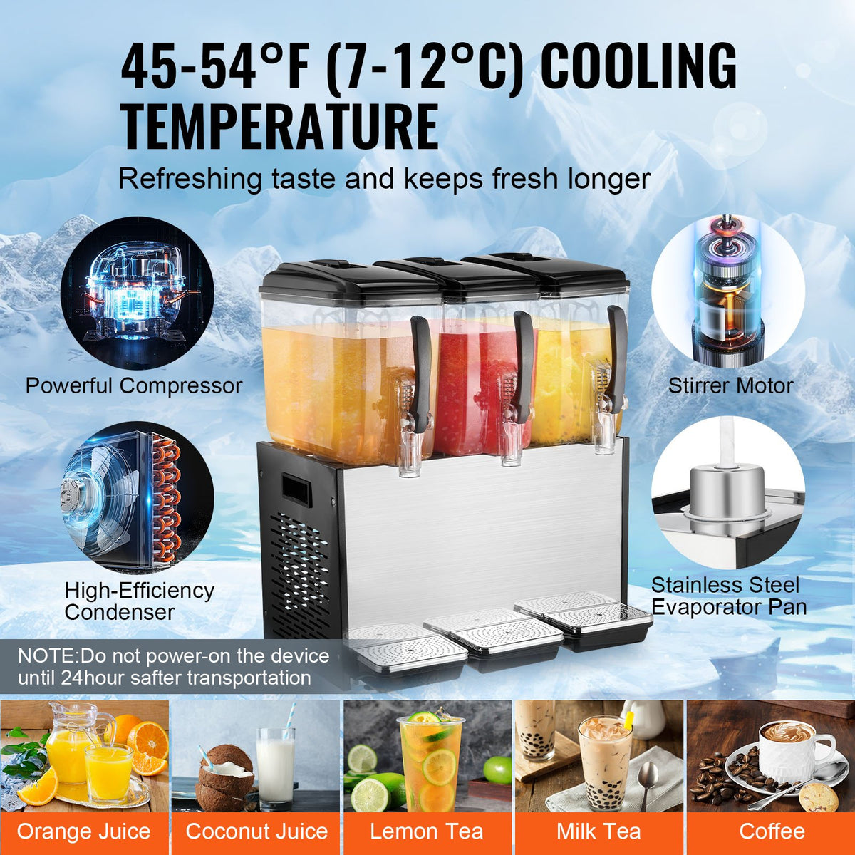 VEVOR Commercial Beverage Dispenser, 3 Tanks 12 L Per Tank Juice Dispenser, 370W Stainless Steel Ice Tea Drink Machine with 45°F-54°F Cooling Temperature, for Cold Drink Restaurant Bar Party