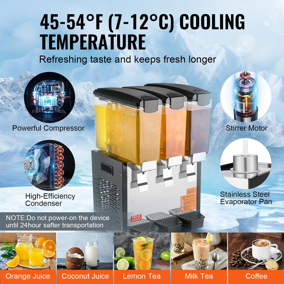 VEVOR Commercial Beverage Dispenser, 3 Tanks 10 L Per Tank Juice Dispenser, 440W Stainless Steel Ice Tea Drink Machine with 45°F-54°F Cooling Temperature, for Cold Drink Restaurant Bar Party