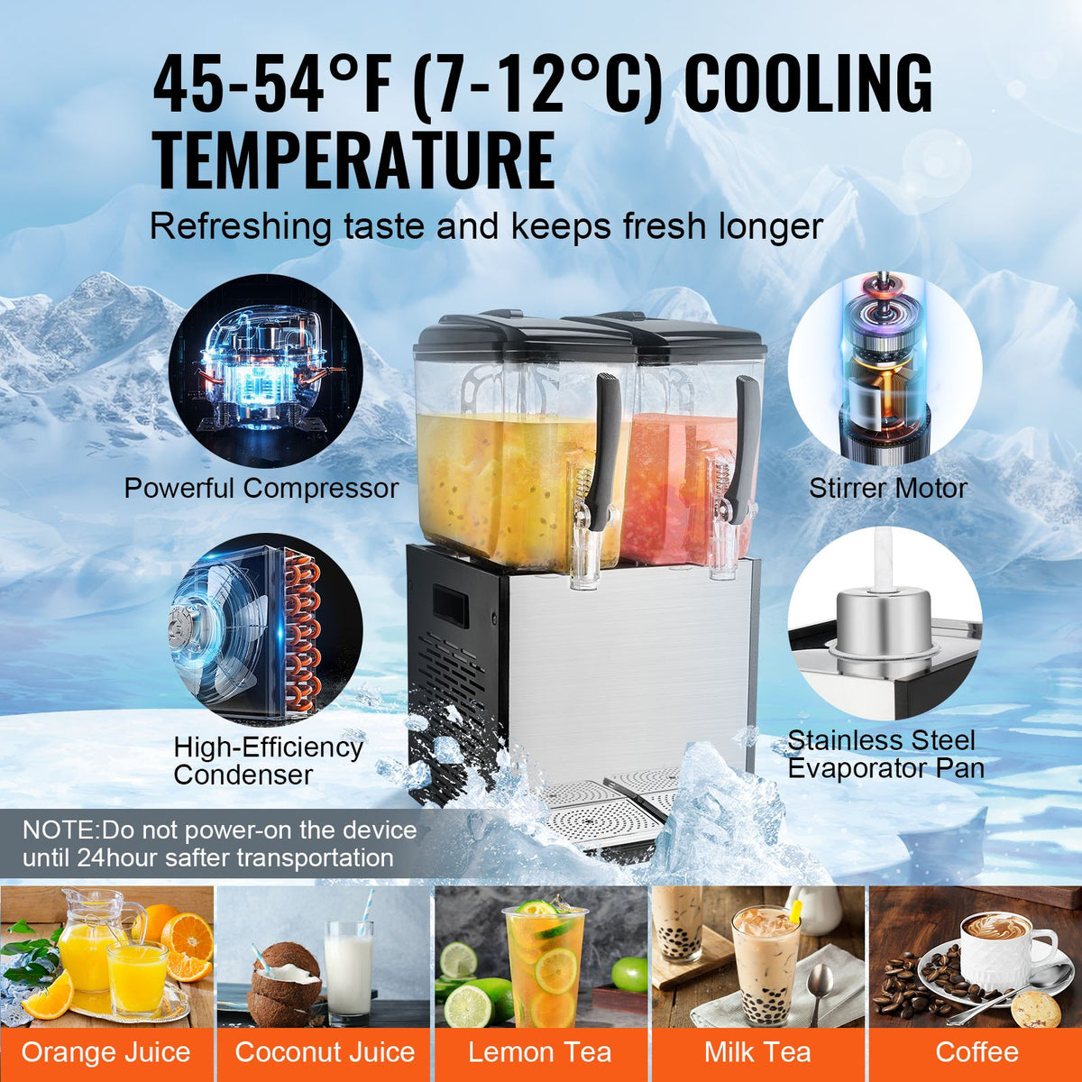 VEVOR Commercial Beverage Dispenser, 2 Tanks 12 L Per Tank Juice Dispenser, 286W Stainless Steel Ice Tea Drink Machine with 45°F-54°F Cooling Temperature, for Cold Drink Restaurant Bar Party