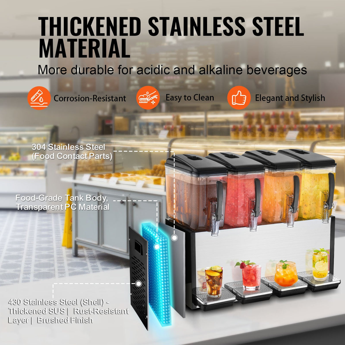 VEVOR Commercial Beverage Dispenser, 4 Tanks 12 L Per Tank Juice Dispenser, 510W Stainless Steel Ice Tea Drink Machine with 45°F-54°F Cooling Temperature, for Cold Drink Restaurant Bar Party