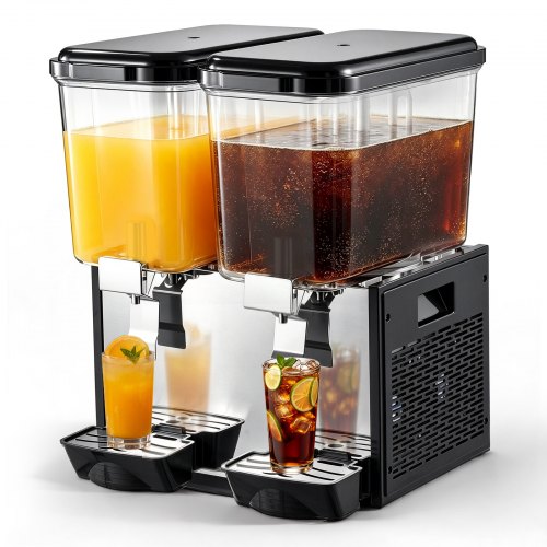VEVOR Commercial Beverage Dispenser 2 Tanks 18 L / 19 QT Per Tank, Stainless Steel Juice Dispenser, Ice Tea Drink Machine with 7℃ to 12℃ Cooling Temperature, for Cold Drink Restaurant Bar Party