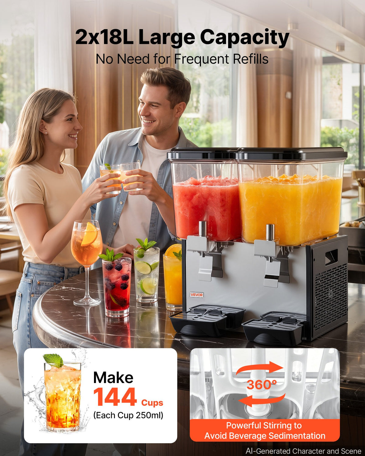 VEVOR Commercial Beverage Dispenser 2 Tanks 18 L / 19 QT Per Tank, Stainless Steel Juice Dispenser, Ice Tea Drink Machine with 7℃ to 12℃ Cooling Temperature, for Cold Drink Restaurant Bar Party