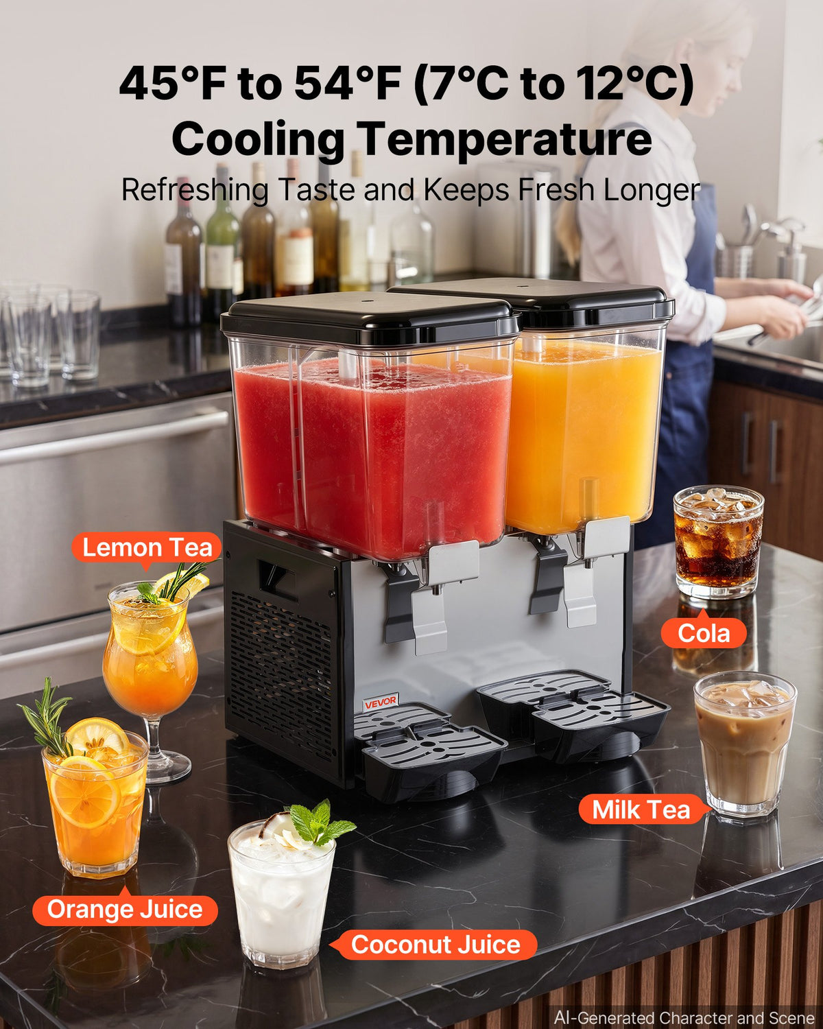 VEVOR Commercial Beverage Dispenser 2 Tanks 18 L / 19 QT Per Tank, Stainless Steel Juice Dispenser, Ice Tea Drink Machine with 7℃ to 12℃ Cooling Temperature, for Cold Drink Restaurant Bar Party