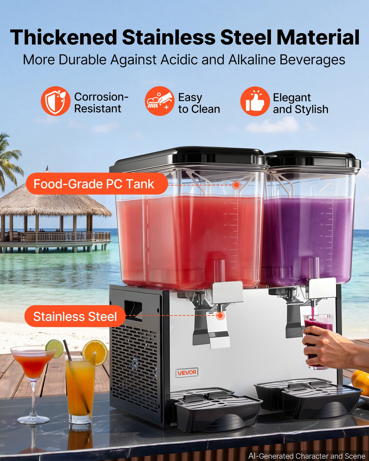 VEVOR Commercial Beverage Dispenser 2 Tanks 18 L / 19 QT Per Tank, Stainless Steel Juice Dispenser, Ice Tea Drink Machine with 7℃ to 12℃ Cooling Temperature, for Cold Drink Restaurant Bar Party
