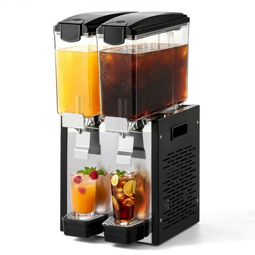 VEVOR Commercial Beverage Dispenser 2 Tanks 10 L / 10.6 QT Per Tank, Stainless Steel Juice Dispenser, Ice Tea Drink Machine with 7℃ to 12℃ Cooling Temperature, for Cold Drink Restaurant Bar Party