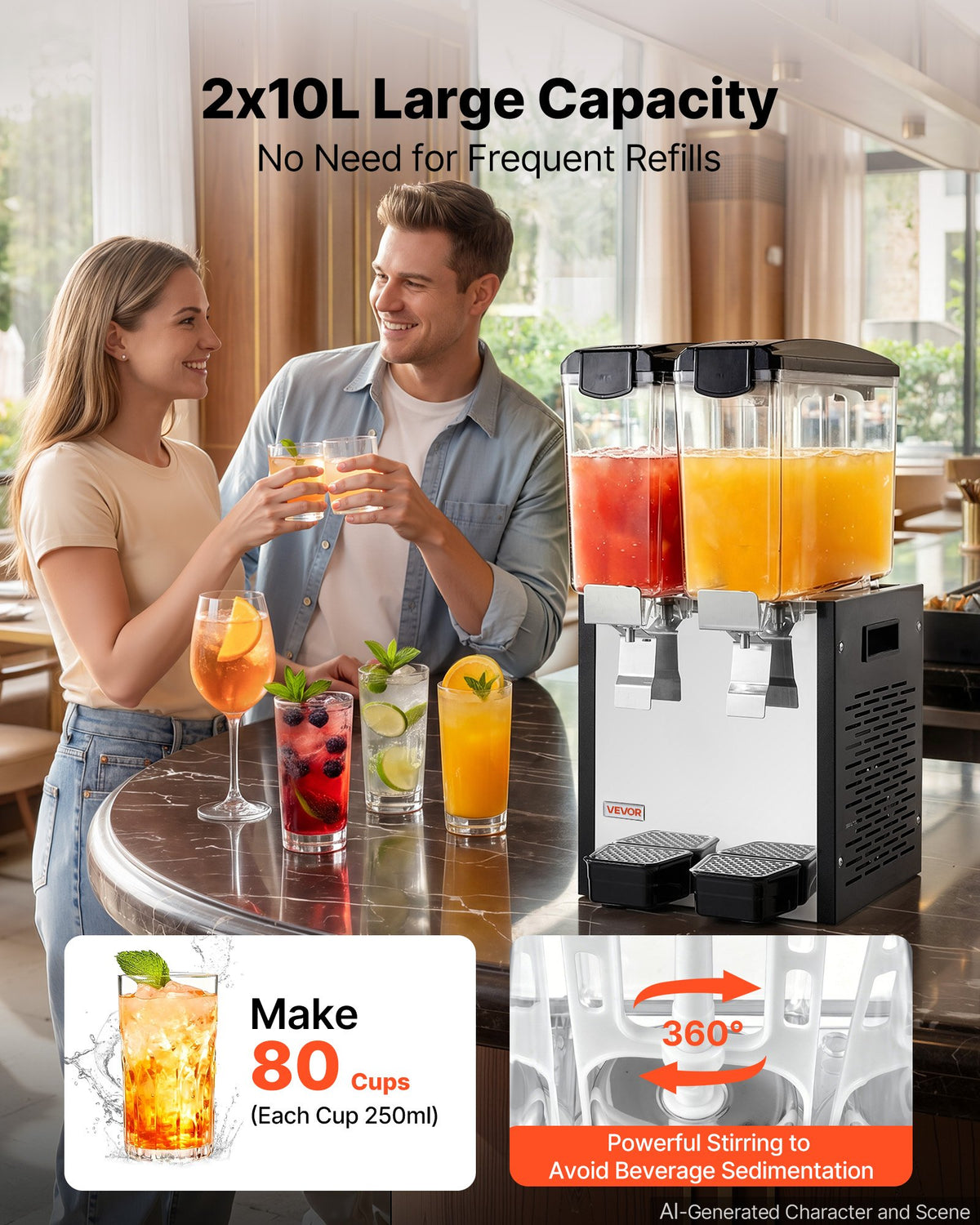 VEVOR Commercial Beverage Dispenser 2 Tanks 10 L / 10.6 QT Per Tank, Stainless Steel Juice Dispenser, Ice Tea Drink Machine with 7℃ to 12℃ Cooling Temperature, for Cold Drink Restaurant Bar Party