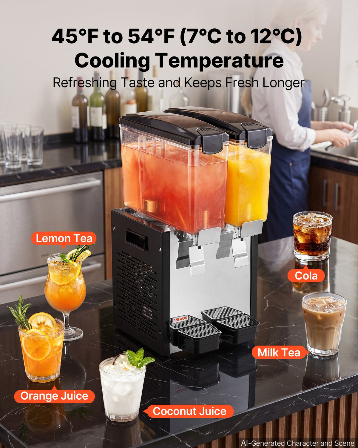 VEVOR Commercial Beverage Dispenser 2 Tanks 10 L / 10.6 QT Per Tank, Stainless Steel Juice Dispenser, Ice Tea Drink Machine with 7℃ to 12℃ Cooling Temperature, for Cold Drink Restaurant Bar Party
