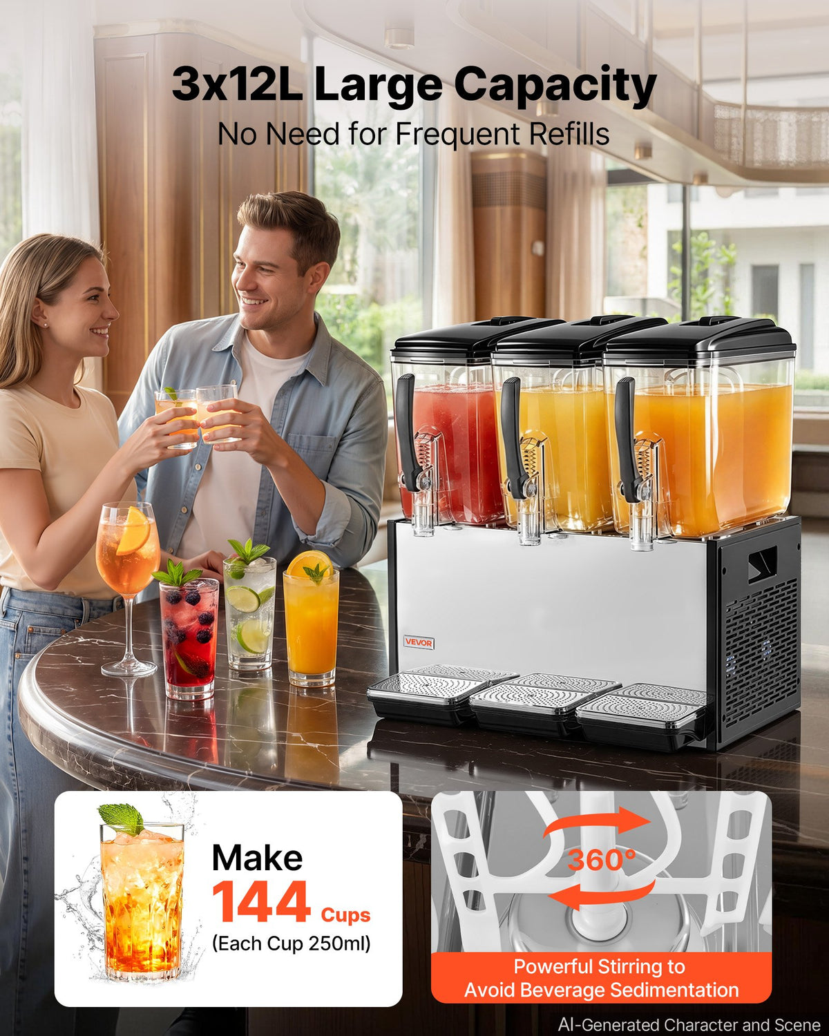 VEVOR Commercial Beverage Dispenser 3 Tanks 12 L / 12.7 QT Per Tank, Stainless Steel Juice Dispenser, Ice Tea Drink Machine with 7℃ to 12℃ Cooling Temperature, for Cold Drink Restaurant Bar Party