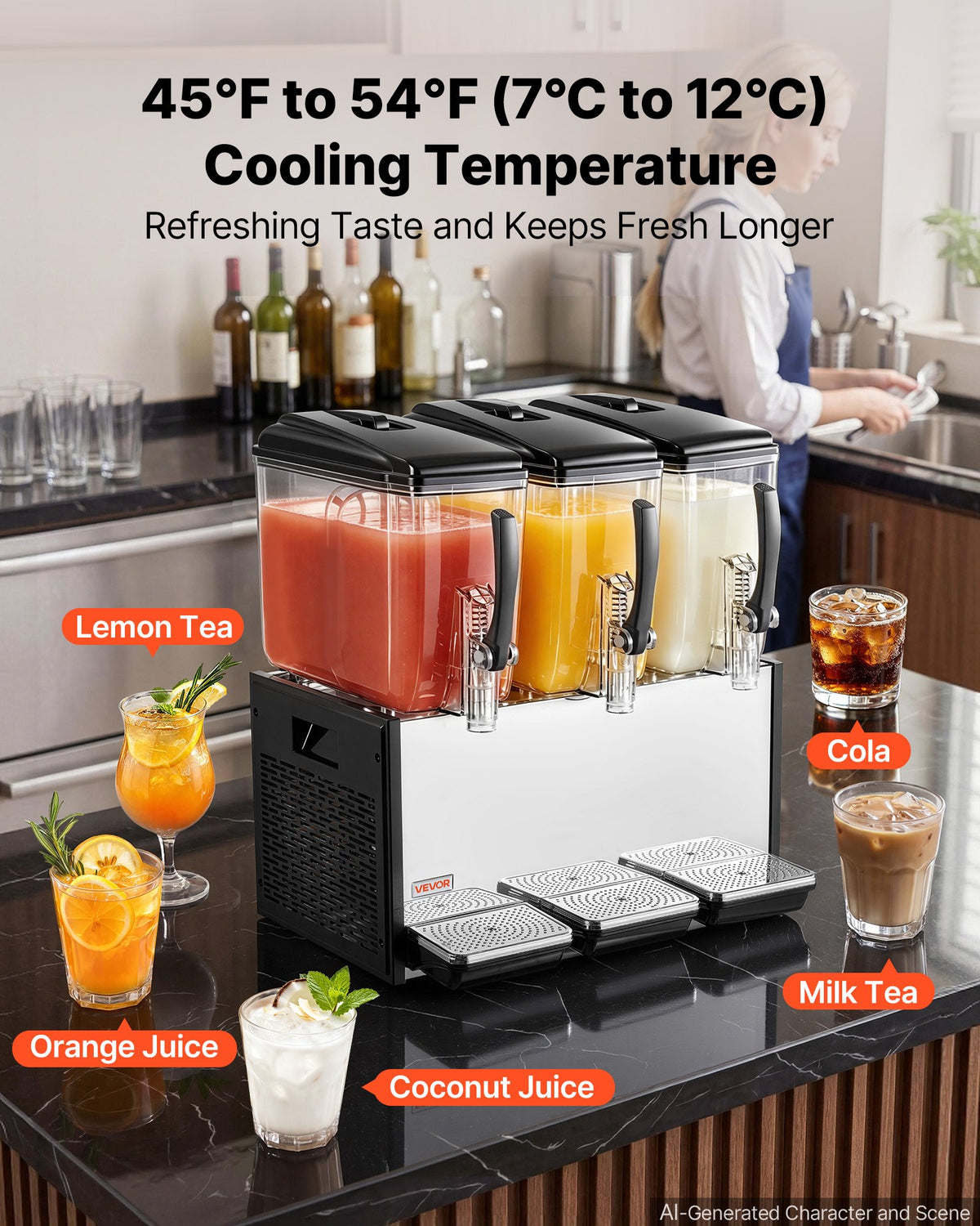 VEVOR Commercial Beverage Dispenser 3 Tanks 12 L / 12.7 QT Per Tank, Stainless Steel Juice Dispenser, Ice Tea Drink Machine with 7℃ to 12℃ Cooling Temperature, for Cold Drink Restaurant Bar Party