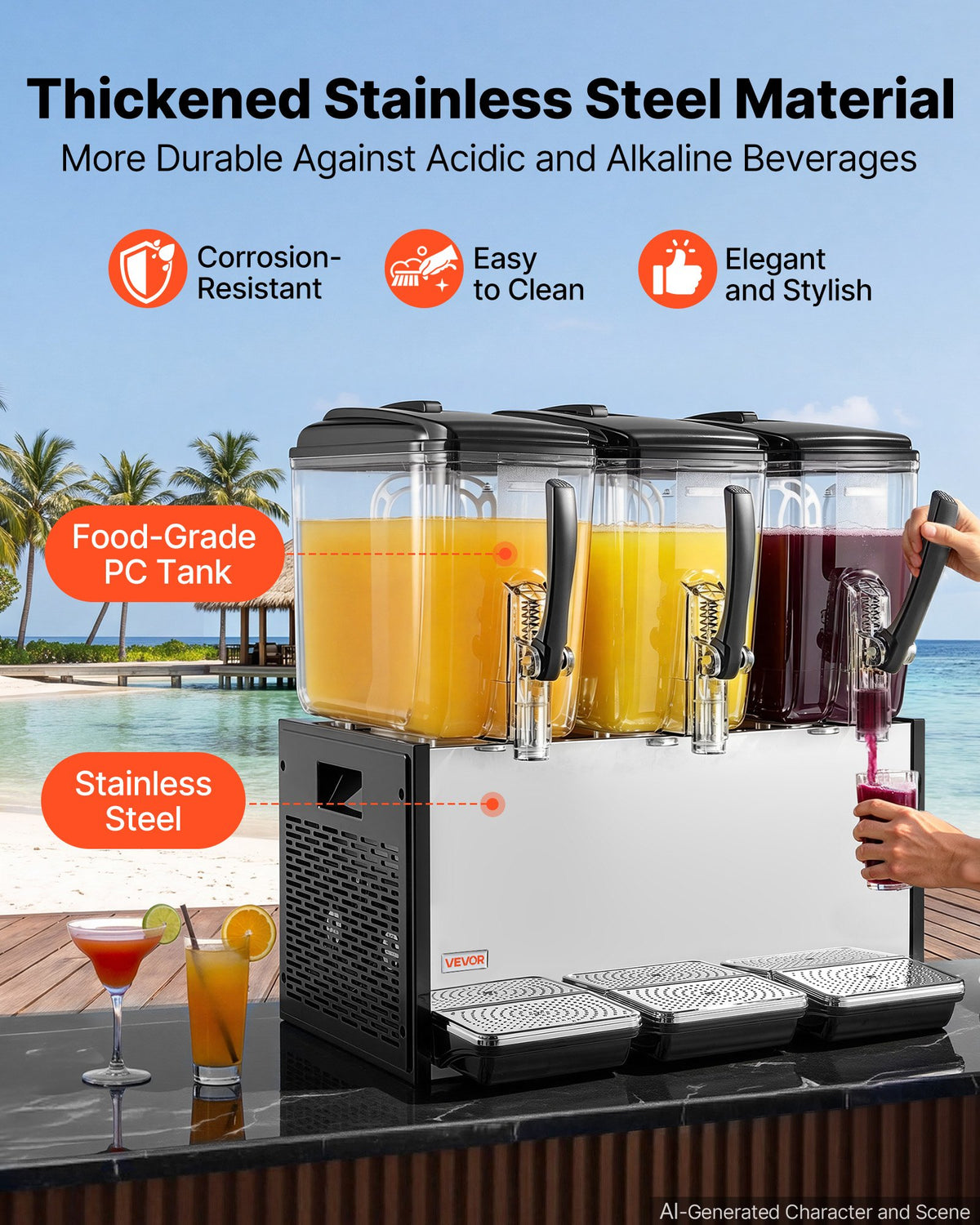 VEVOR Commercial Beverage Dispenser 3 Tanks 12 L / 12.7 QT Per Tank, Stainless Steel Juice Dispenser, Ice Tea Drink Machine with 7℃ to 12℃ Cooling Temperature, for Cold Drink Restaurant Bar Party