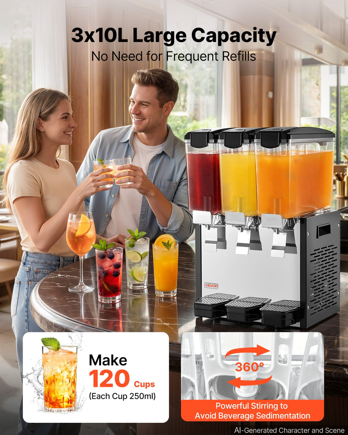 VEVOR Commercial Beverage Dispenser 3 Tanks 10 L / 10.6 QT Per Tank, Stainless Steel Juice Dispenser, Ice Tea Drink Machine with 7℃ to 12℃ Cooling Temperature, for Cold Drink Restaurant Bar Party