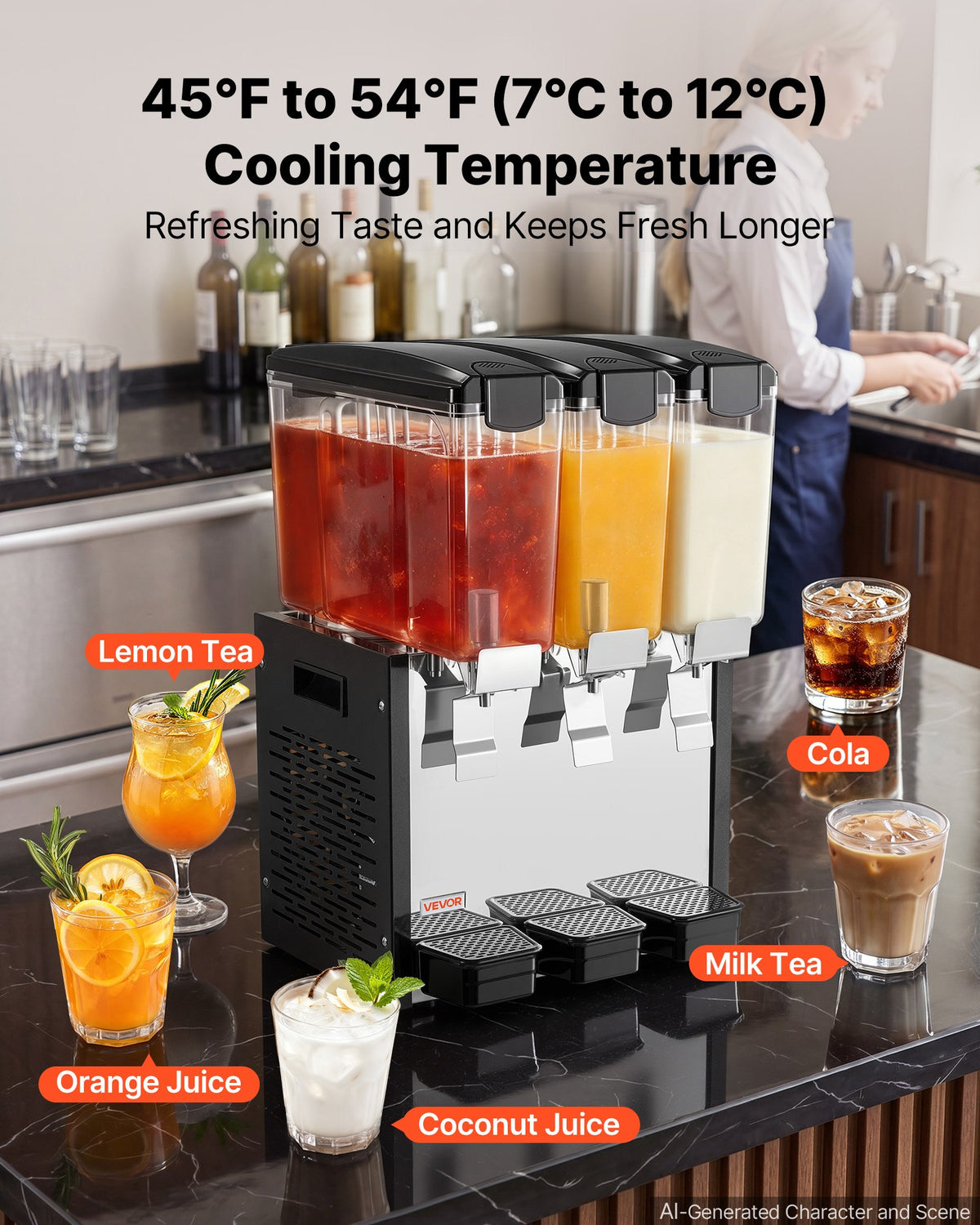 VEVOR Commercial Beverage Dispenser 3 Tanks 10 L / 10.6 QT Per Tank, Stainless Steel Juice Dispenser, Ice Tea Drink Machine with 7℃ to 12℃ Cooling Temperature, for Cold Drink Restaurant Bar Party