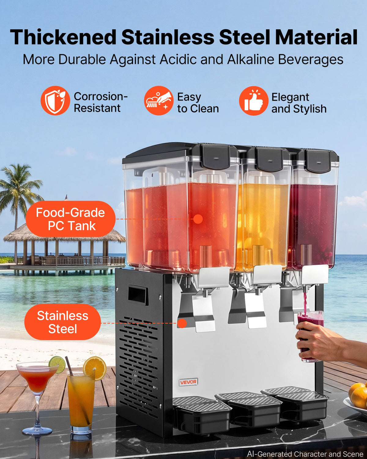VEVOR Commercial Beverage Dispenser 3 Tanks 10 L / 10.6 QT Per Tank, Stainless Steel Juice Dispenser, Ice Tea Drink Machine with 7℃ to 12℃ Cooling Temperature, for Cold Drink Restaurant Bar Party
