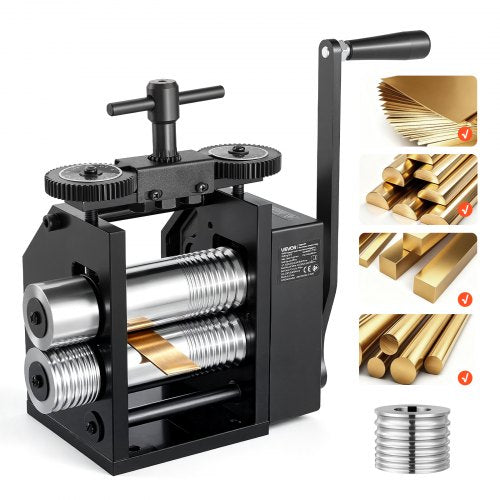 VEVOR Rolling Mill 4-in-1 Round Flat Square Half-Round Pressing Roller Mill, Manual Jewelry DIY Tool, 0.03-7 mm Adjustable Thickness, Stable & Even Rolling, for Ductile Metals, Gold, Silver, Copper