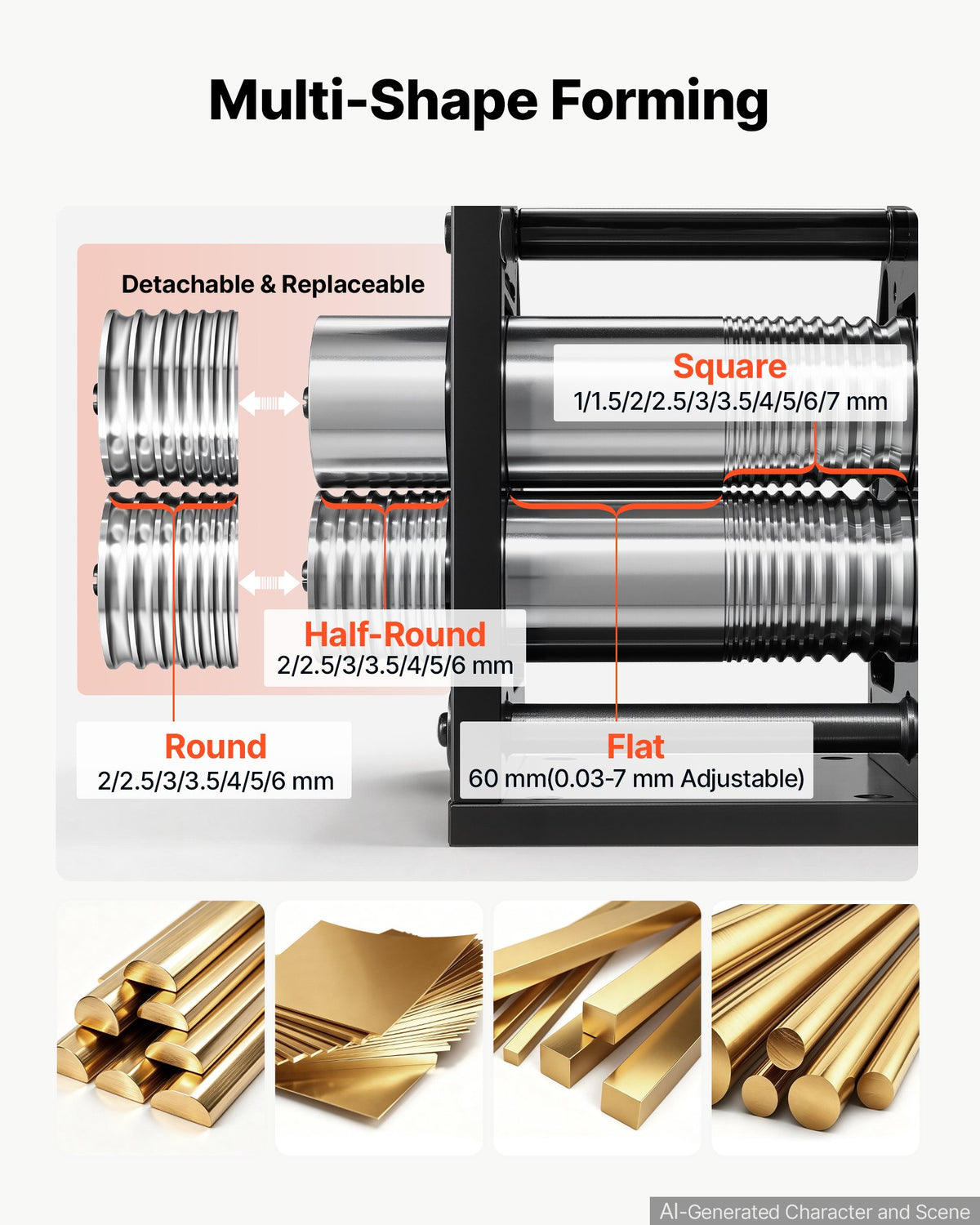 VEVOR Rolling Mill 4-in-1 Round Flat Square Half-Round Pressing Roller Mill, Manual Jewelry DIY Tool, 0.03-7 mm Adjustable Thickness, Stable & Even Rolling, for Ductile Metals, Gold, Silver, Copper