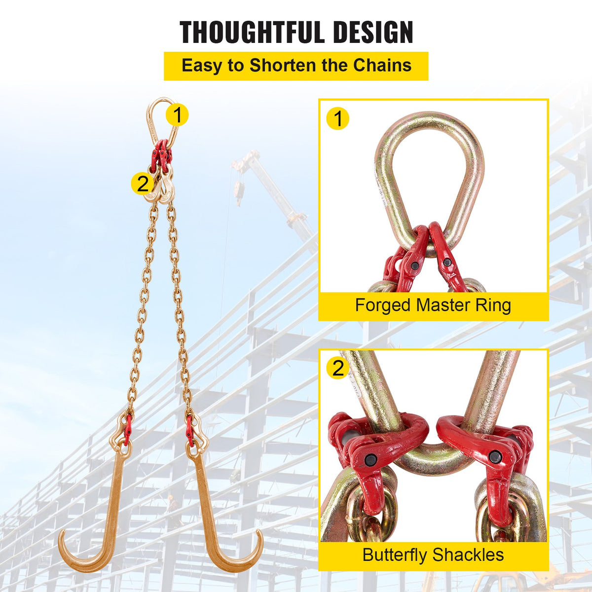 VEVOR V Bridle Chain, 8 mm x 60 cm Bridle Tow Chain, Grade 80 V-Bridle Transport Chain, 4898 kg Break Strength with TJ Hooks and Crab Hooks, Heavy Duty Pear Link Connector and Chain Shorteners