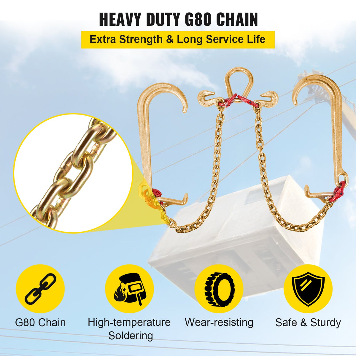 VEVOR V Bridle Chain, 8 mm x 60 cm Bridle Tow Chain, Grade 80 V-Bridle Transport Chain, 4898 kg Break Strength with TJ Hooks and Crab Hooks, Heavy Duty Pear Link Connector and Chain Shorteners