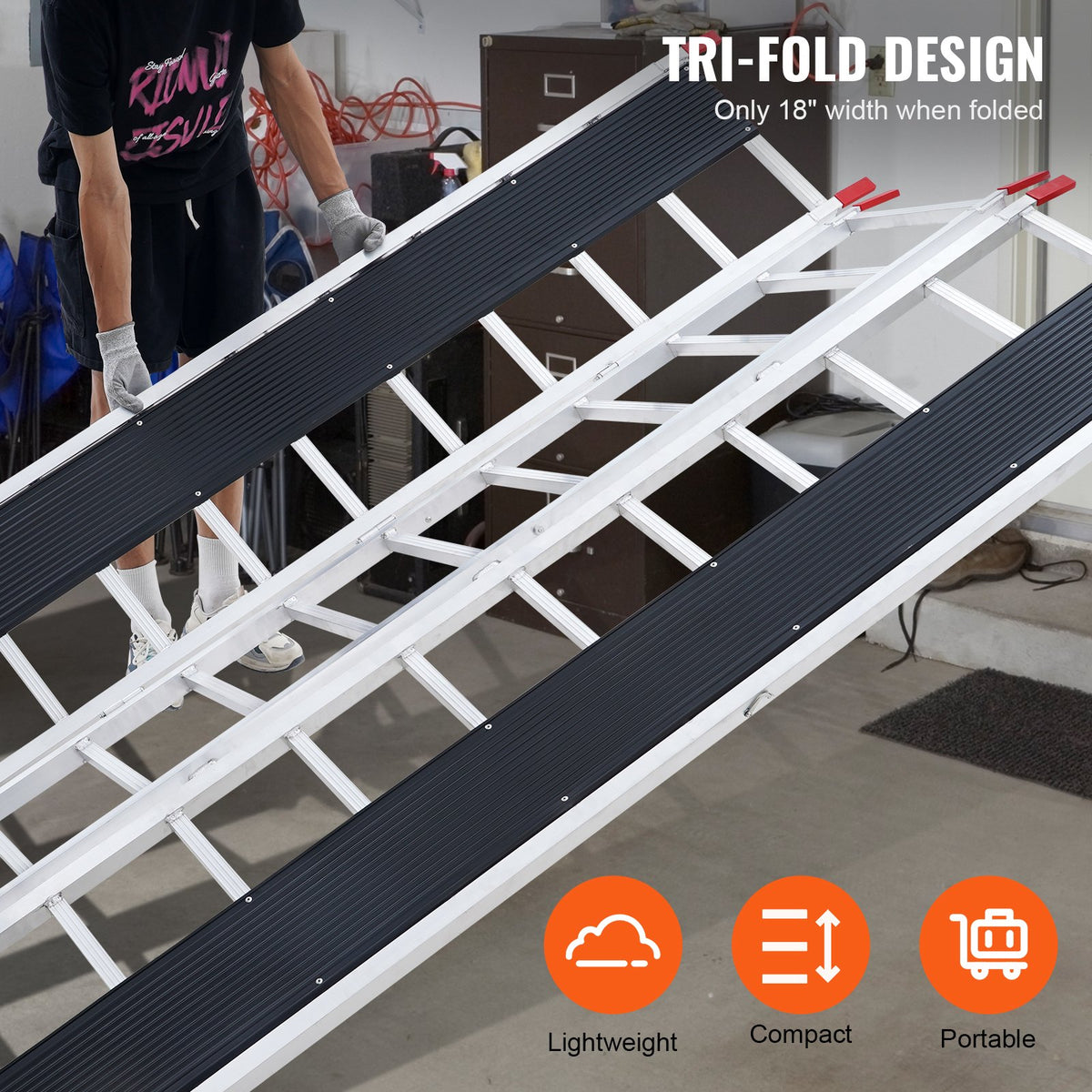 VEVOR Tri-Fold Loading Ramp, 2160 x 1375 mm, Non-Slip Aluminum Trailer Ramp with Compact Design, Easy Storage, 680.4 kg Load Capacity, for Snowmobiles, ATVs, Tractors, Lawn Mowers, Carts, Motorcycles