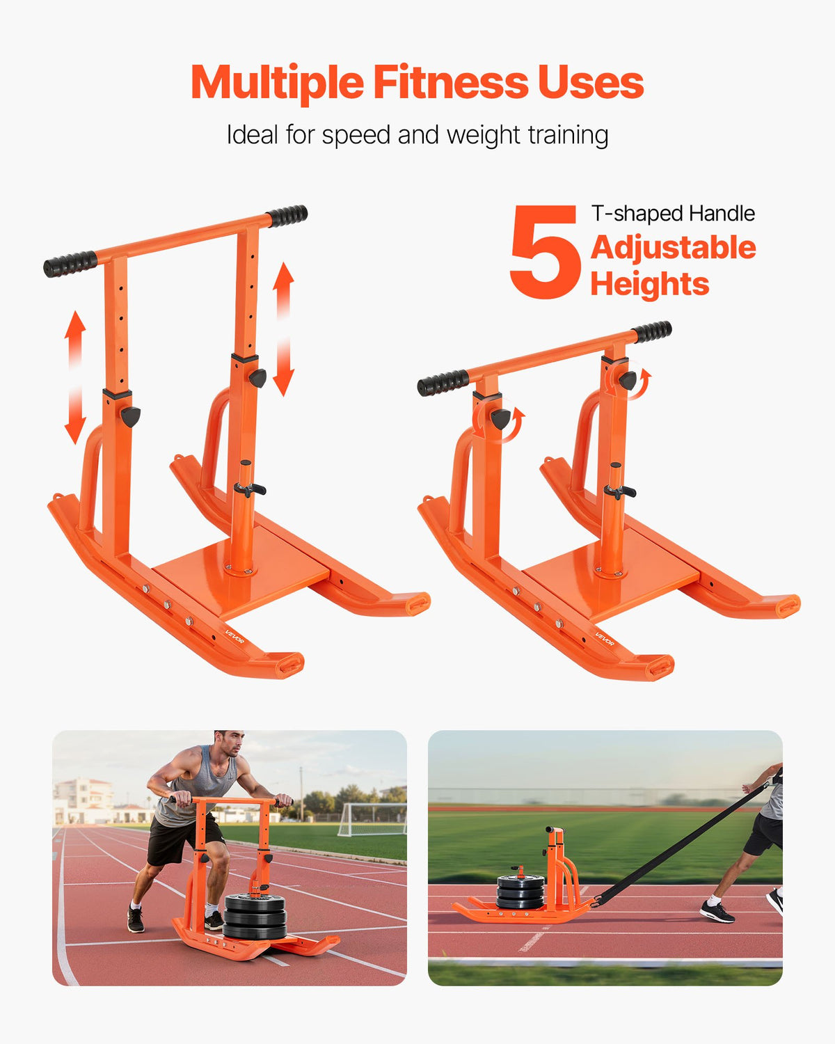 VEVOR Weight Sled, Steel Power Sled, Fitness Training Sleds for Athletic Exercise Speed Improvement, Workout Equipment with Adjustable Height Handle, Compatible with 25/51 mm Weight Plates, Orange