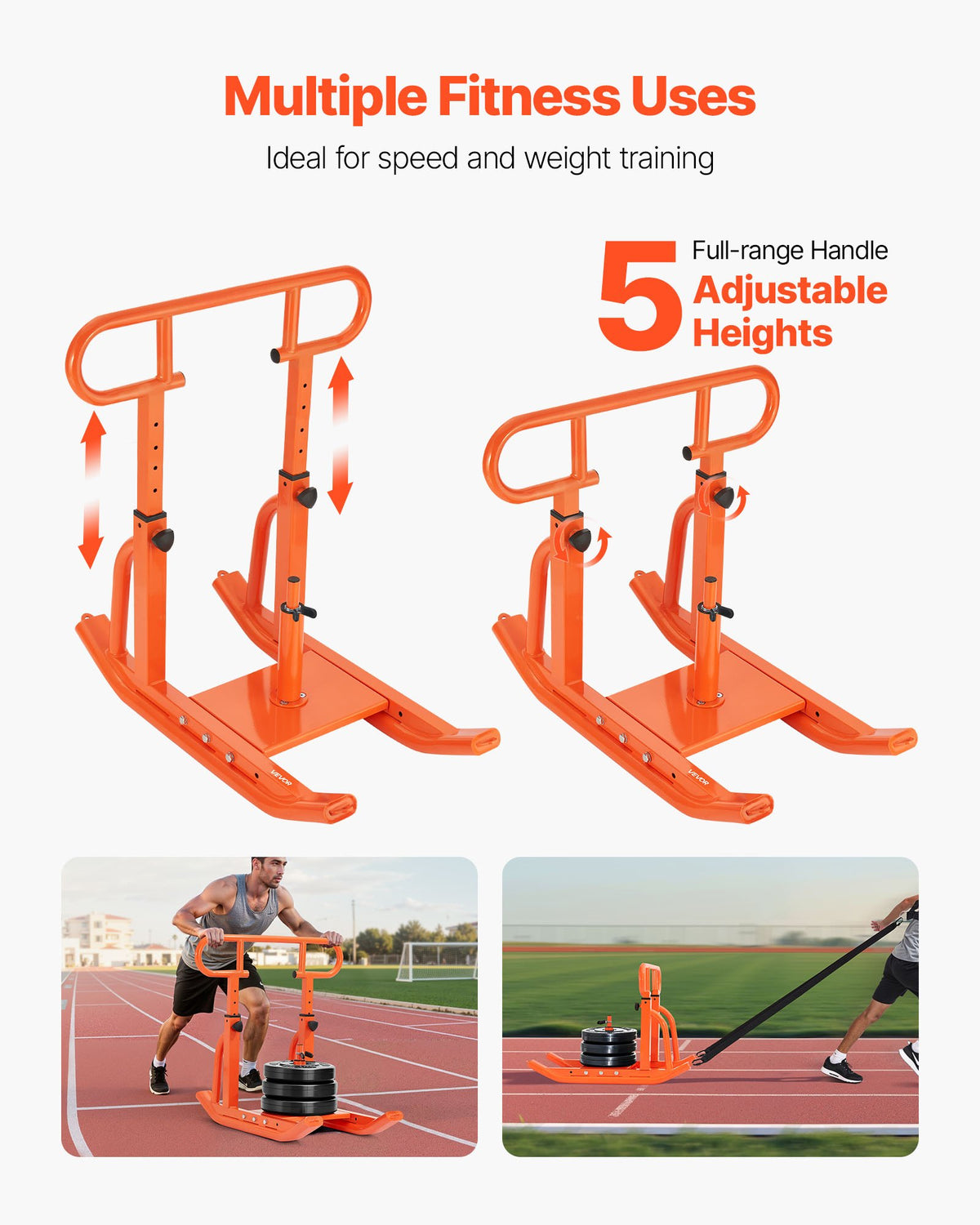 VEVOR Weight Sled, Steel Power Sled, Fitness Training Sleds for Athletic Exercise Speed Improvement, Workout Equipment with Adjustable Height Handle, Compatible with 25/51 mm Weight Plates, Orange
