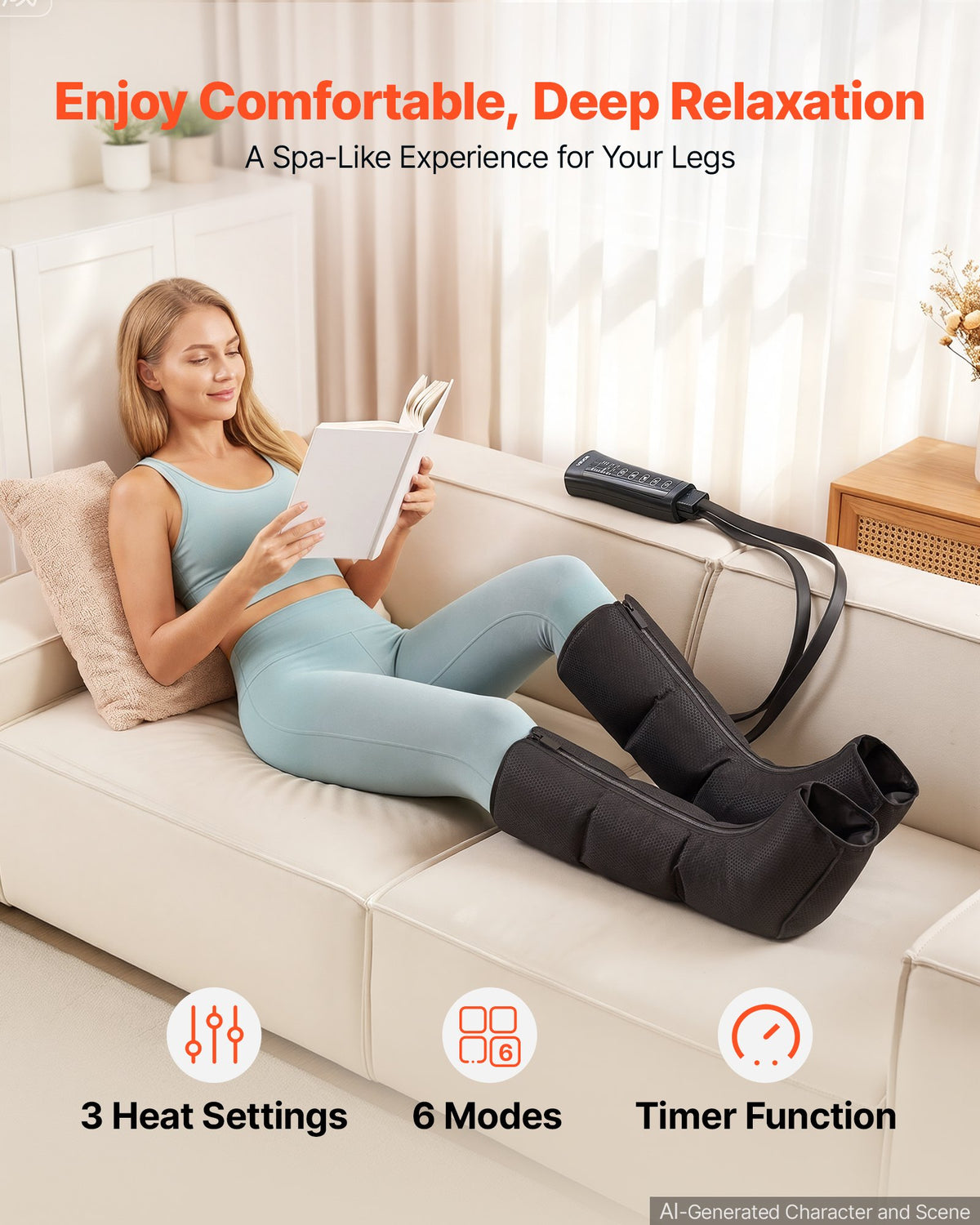 VEVOR Leg Compression Massager 3 Heat Settings Air Compression Leg Massager, For Daily Relaxation, 6 Modes, 3 Massage Intensities, and 3 Calf Vibration Settings, with Storage Bag, and Power Adapter