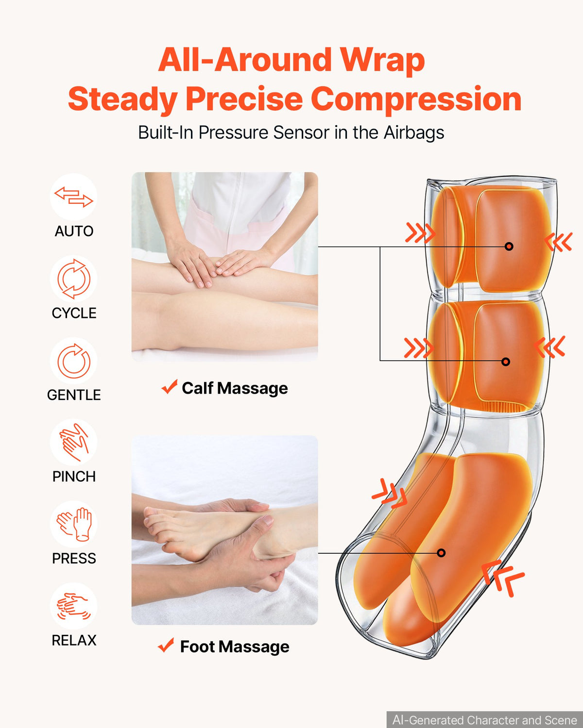 VEVOR Leg Compression Massager 3 Heat Settings Air Compression Leg Massager, For Daily Relaxation, 6 Modes, 3 Massage Intensities, and 3 Calf Vibration Settings, with Storage Bag, and Power Adapter