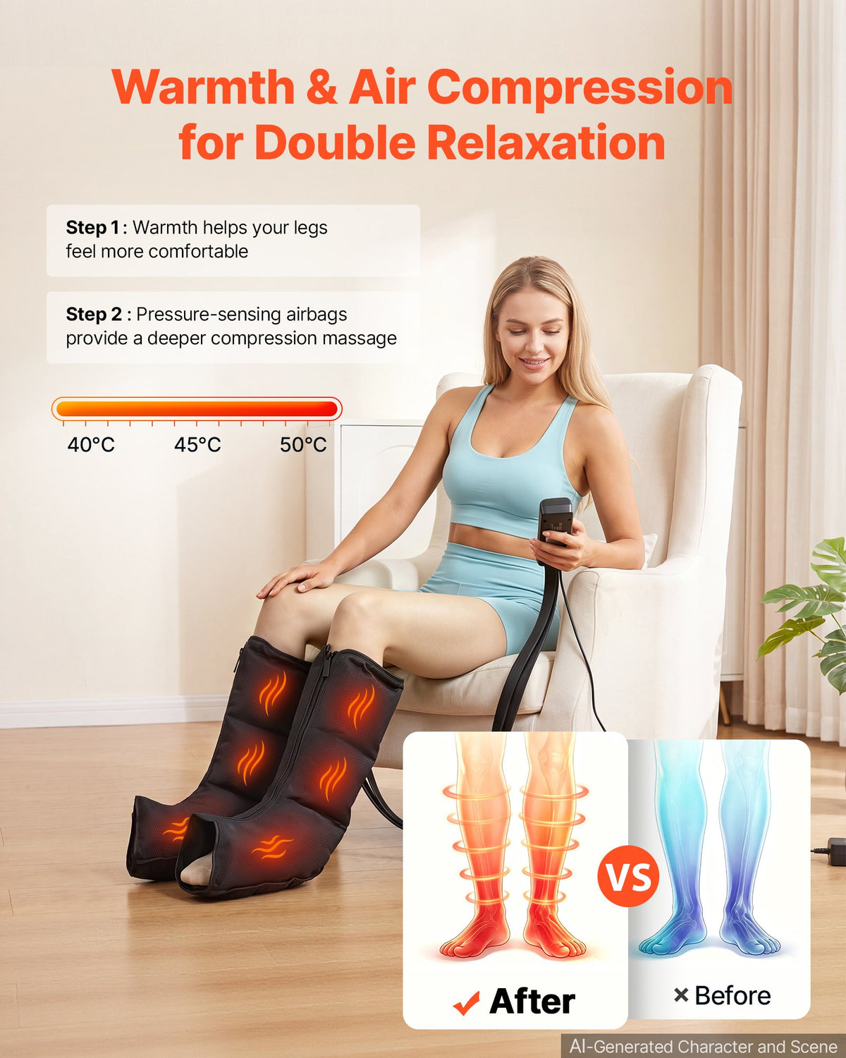 VEVOR Leg Compression Massager 3 Heat Settings Air Compression Leg Massager, For Daily Relaxation, 6 Modes, 3 Massage Intensities, and 3 Calf Vibration Settings, with Storage Bag, and Power Adapter