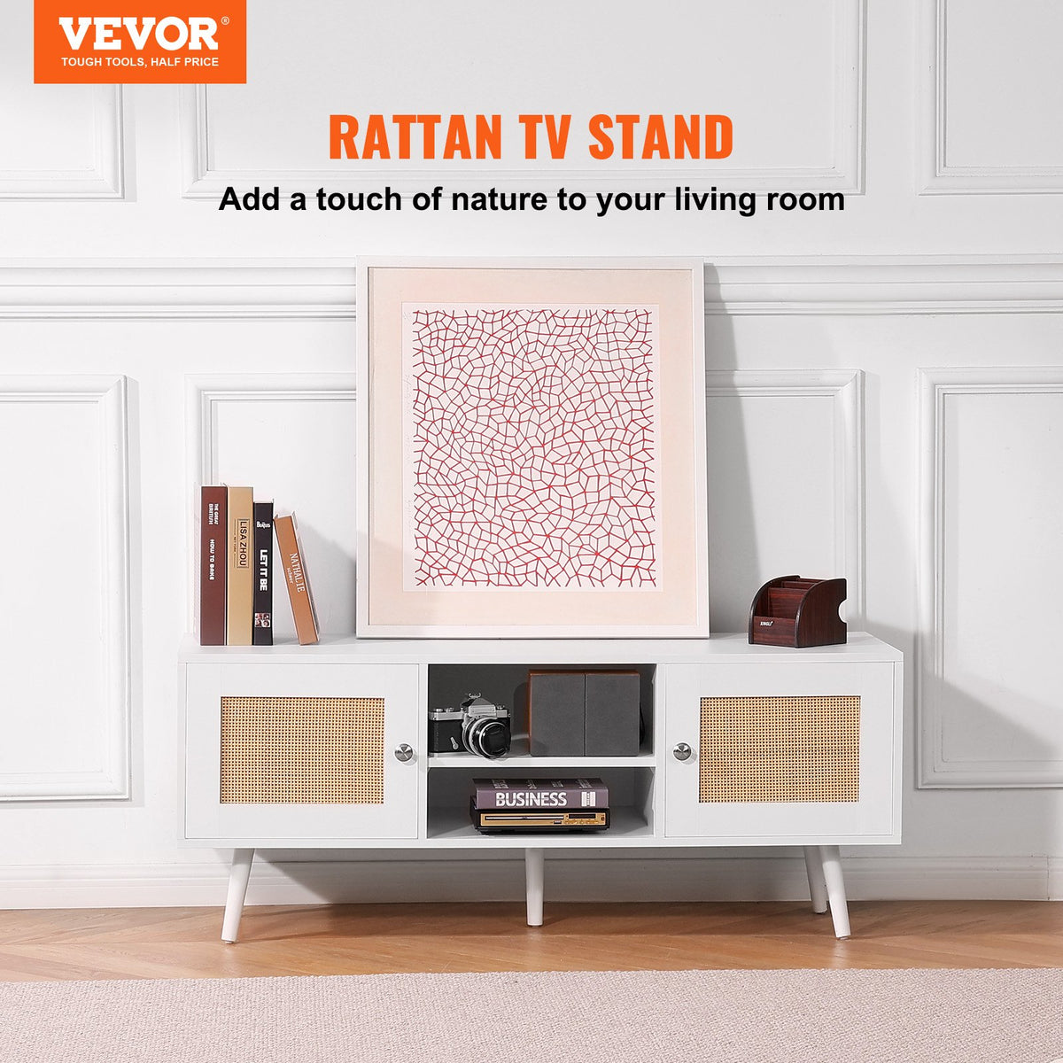 VEVOR Rattan TV Stand, Boho TV Cabinet for 55 inch TV, Mid Century Modern TV Stand, Rattan TV Console with Adjustable Shelfs for  Living Room, Media Room, White