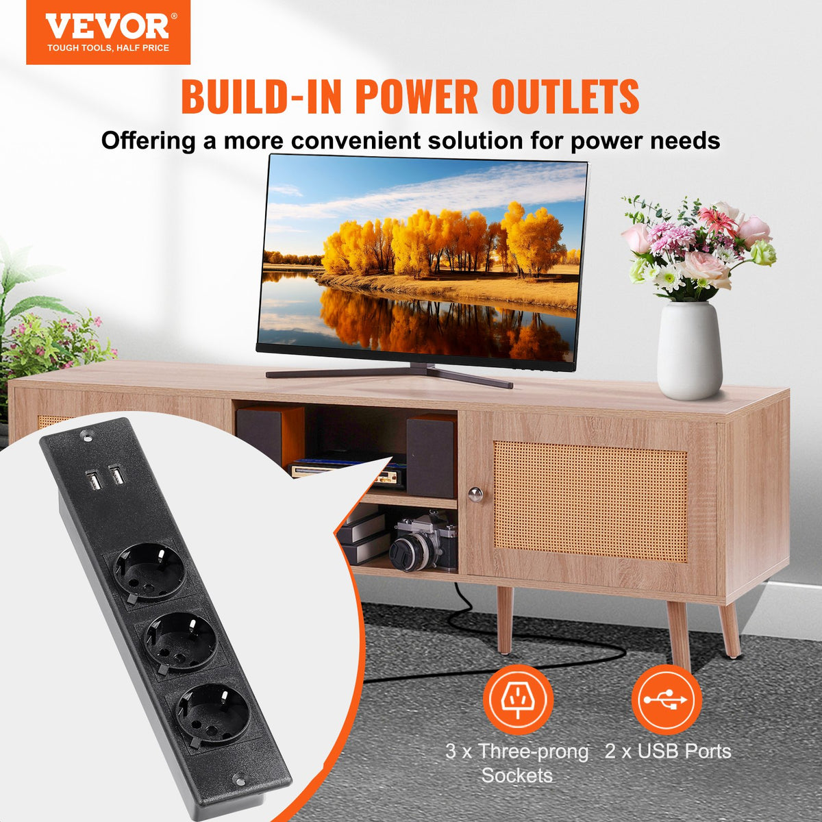 VEVOR Rattan TV Stand for 65" (165.1 cm) TV Boho TV Stand with Build-in Socket Oak