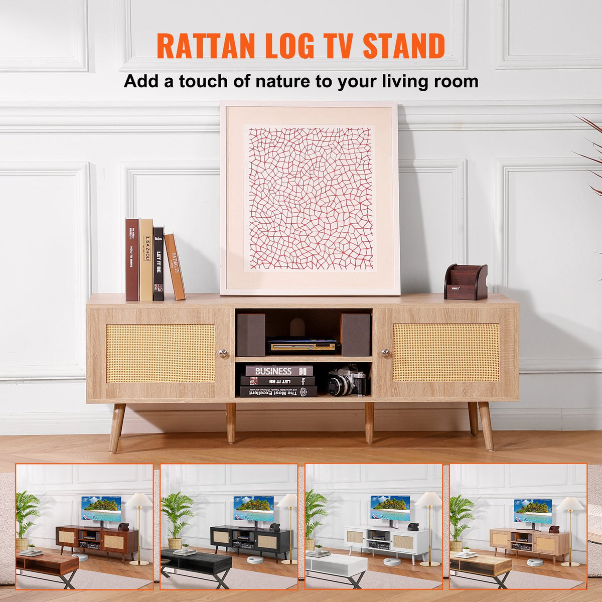 VEVOR Rattan TV Stand for 65" (165.1 cm) TV Boho TV Stand with Build-in Socket Oak