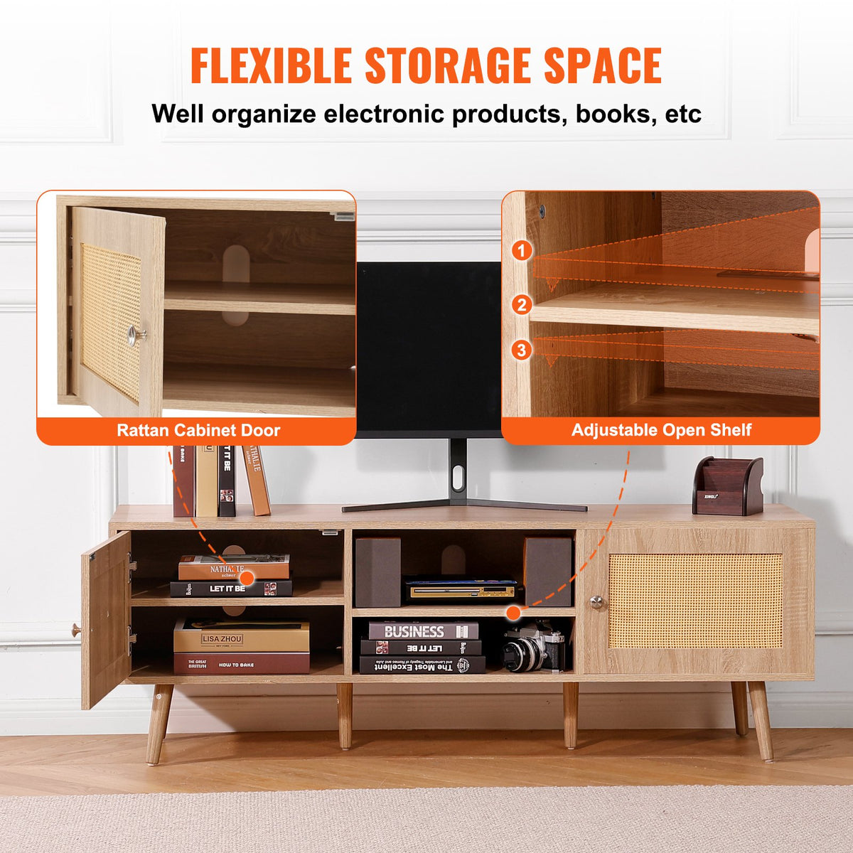 VEVOR Rattan TV Stand for 65" (165.1 cm) TV Boho TV Stand with Build-in Socket Oak