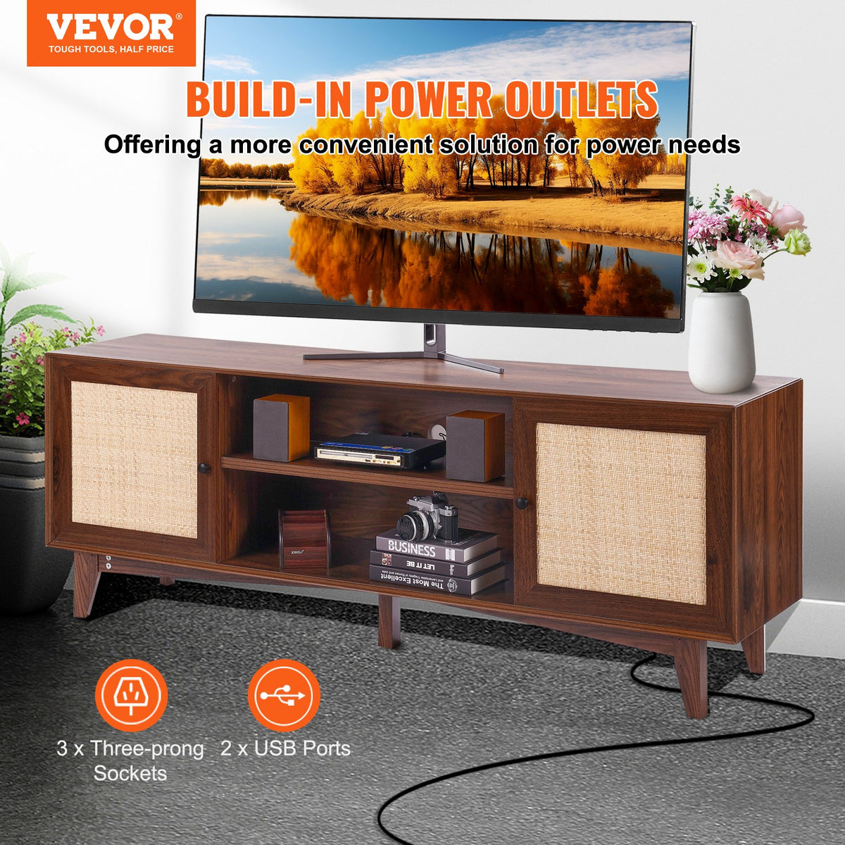 VEVOR Rattan TV Stand 191cm TV Boho TV Cabinet TV Cabinet Walnut