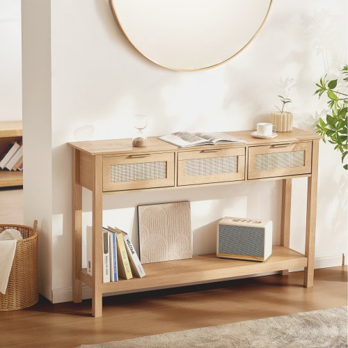 VEVOR Rattan Console Table with 3 Storage Drawers, Rattan Entryway Table with Natural Rattan Sliding Door, Console Sofa Table for Living Room, Study, Entryway Or TV Wall, Natural